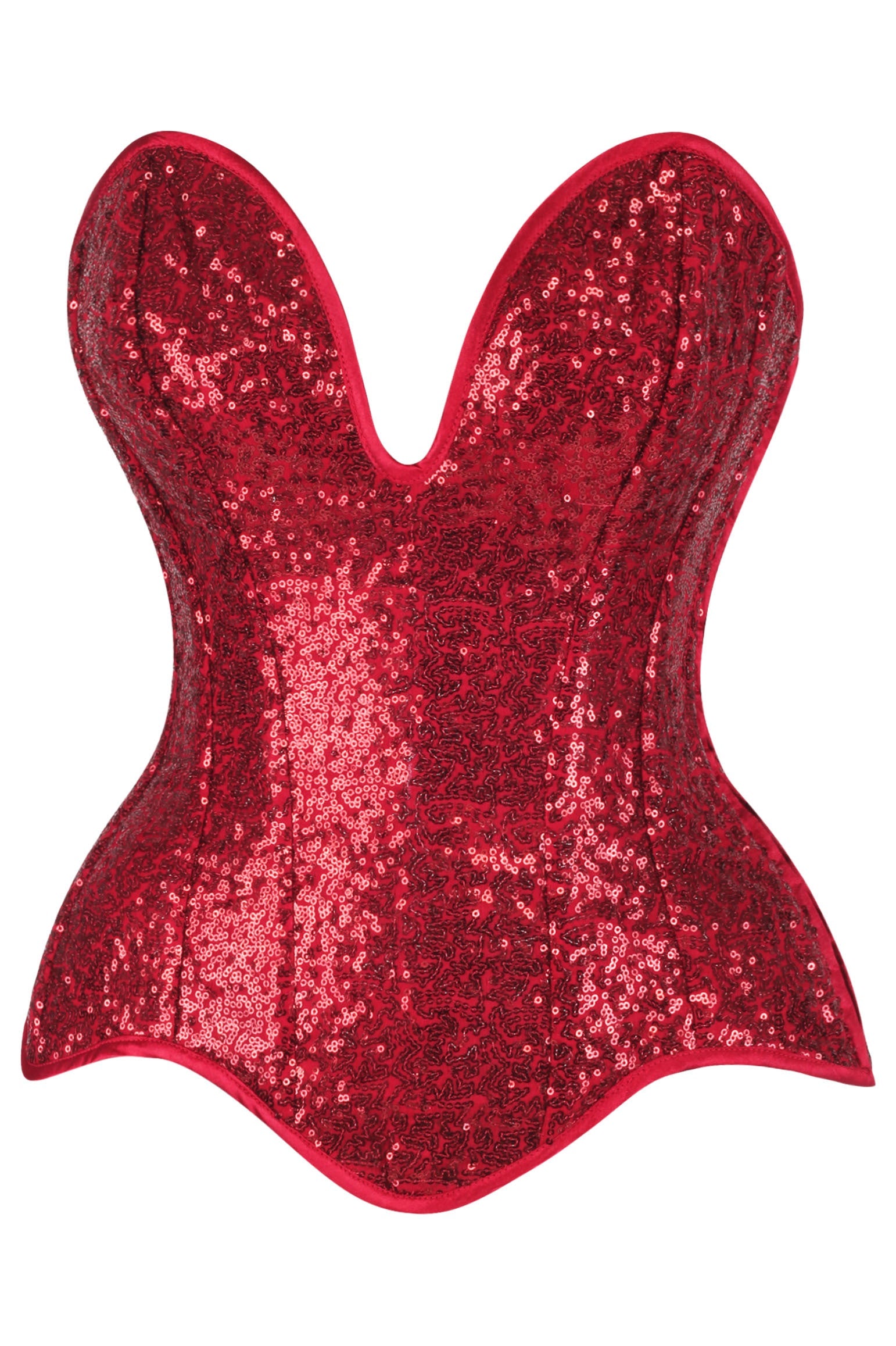 Vintage-Inspired Red Sequin Overbust Corset showcasing a strapless, sweetheart neckline. Features a sequined surface, form-fitting shape with boned structure, ribbon lace-up back, and side zipper for a cinched silhouette.