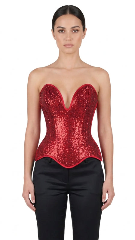Red sequin overbust corset with sweetheart neckline and curved waist panel