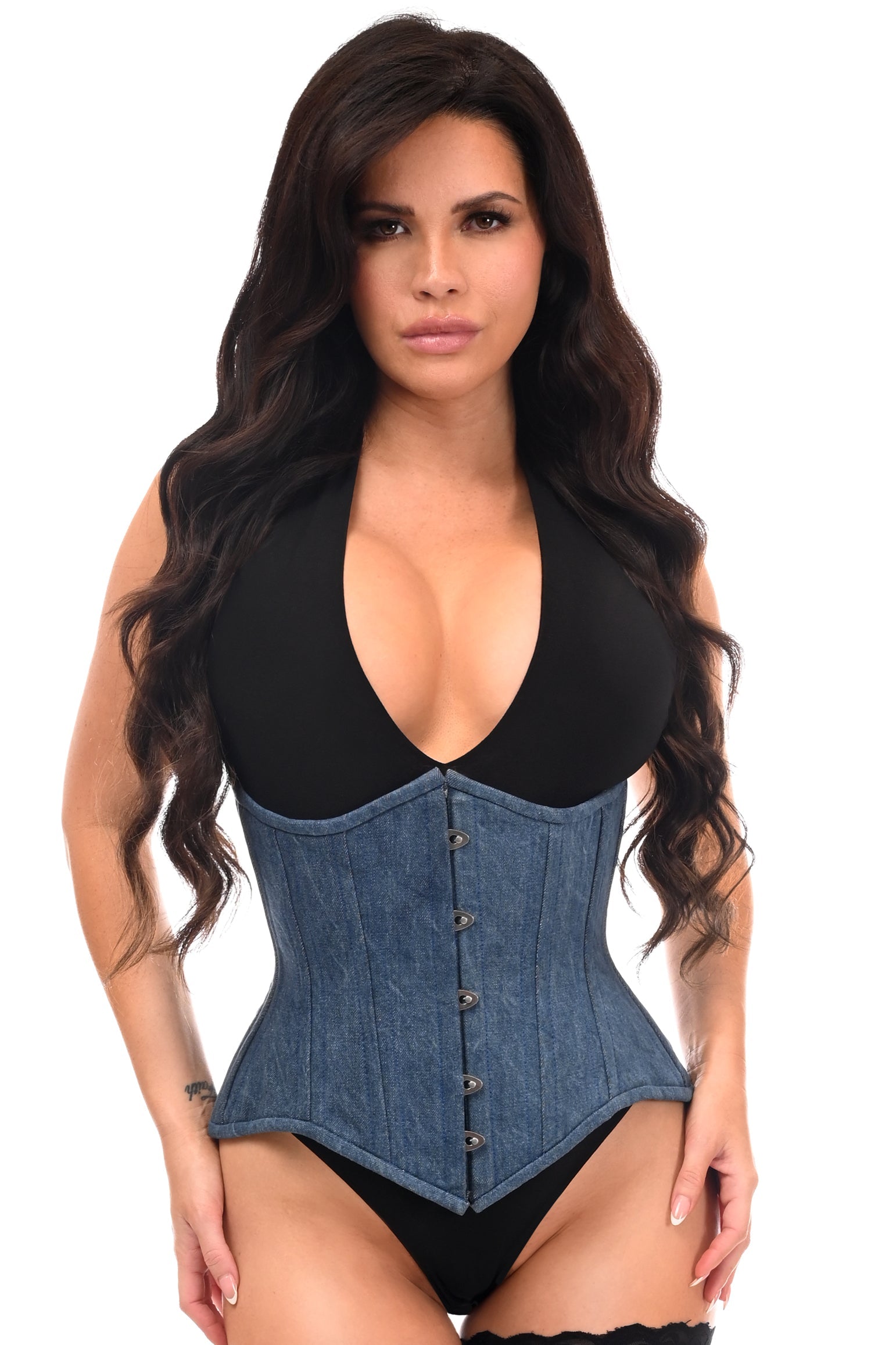 Modern Denim Waist Cincher with Steel Boning, featuring front busk closure, spiral steel bones, modesty panel, nickel brass grommets, and garter loops for a sleek silhouette.