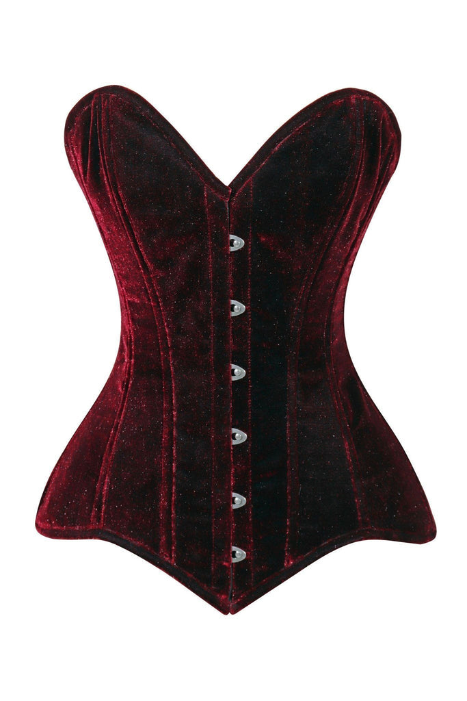 Lavish Dark Red Velvet Overbust Corset features a sweetheart neckline, front busk-style closure with metal clasps, and structured boning; lace-up back offers an adjustable fit for diverse styling.