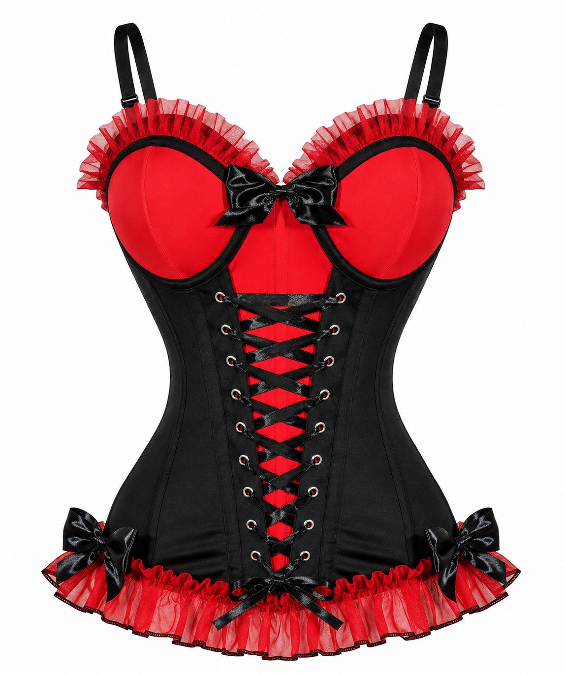 Black red corset with sweetheart cups, lace-up front eyelets, wide ruffle trim at hem