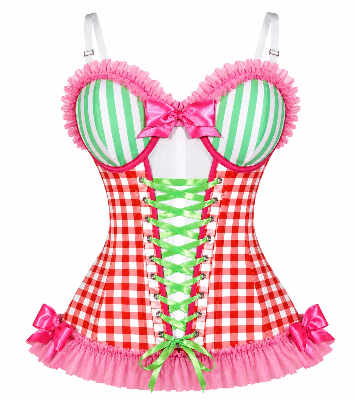 Red and white gingham corset with striped cups, green lace-up, pink bows, ruffle hem