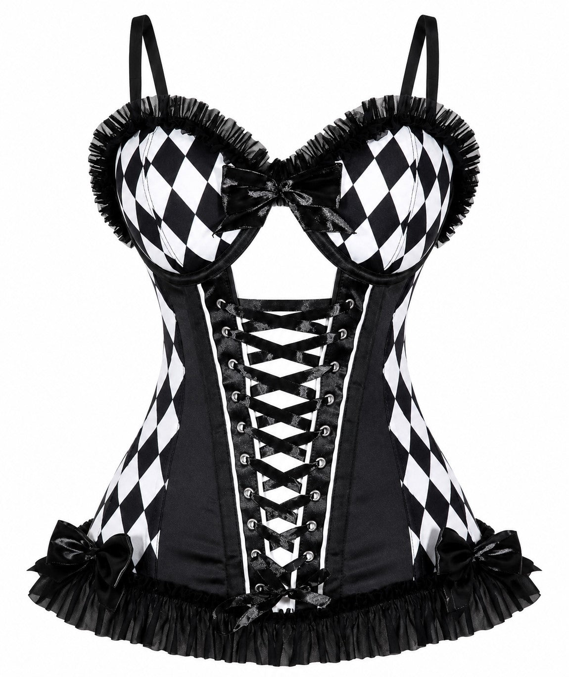 Black and white diamond corset with lace-up front and ruffled hem