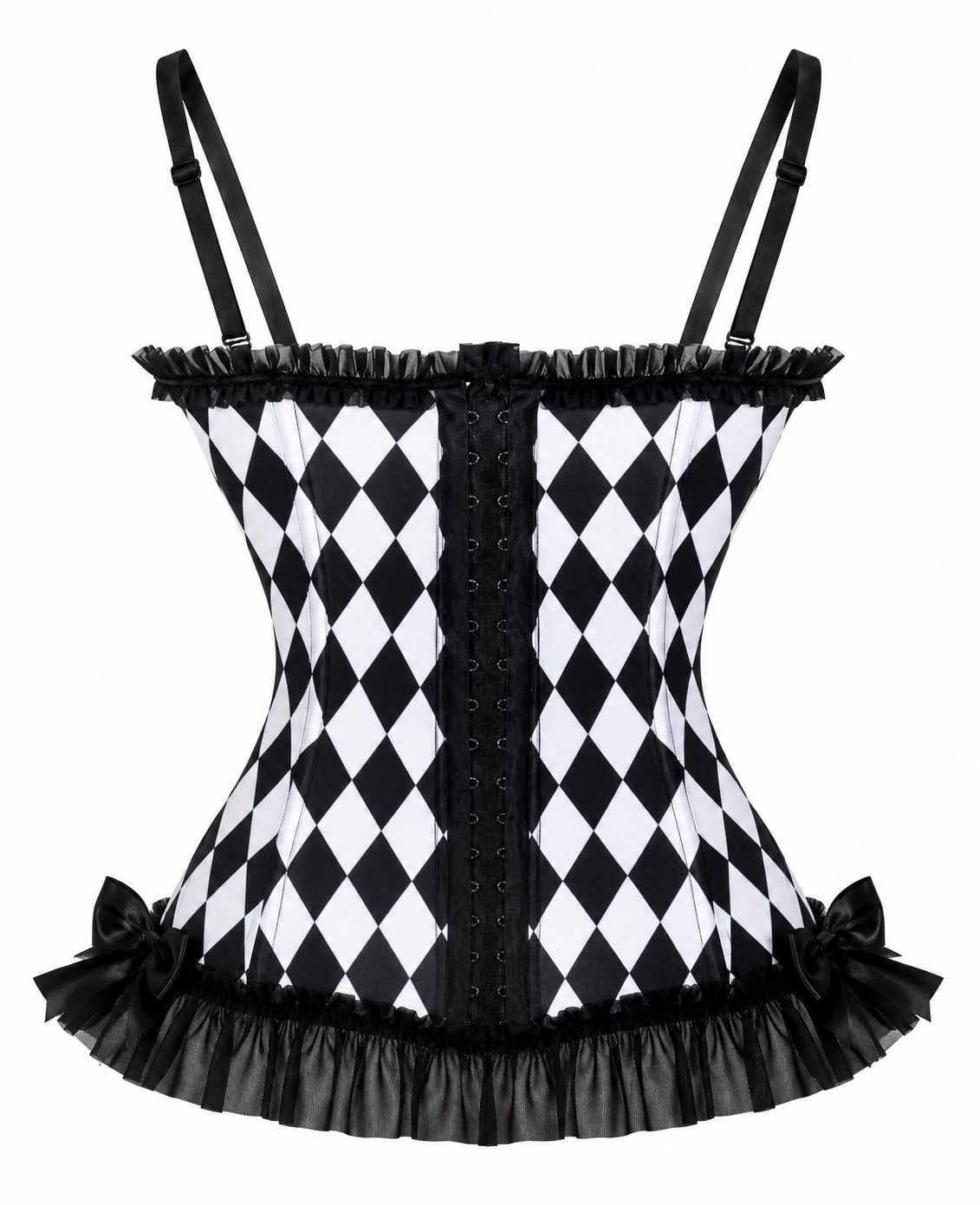 Diamond bustier corset with eyelet lacing, spaghetti straps, and ruffled skirt hem