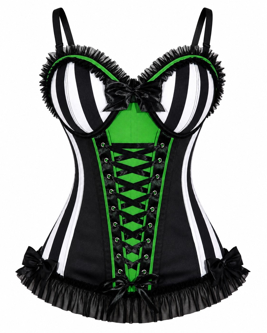 Black corset with green lace-up front, striped bust cups, and ruffled hem detail