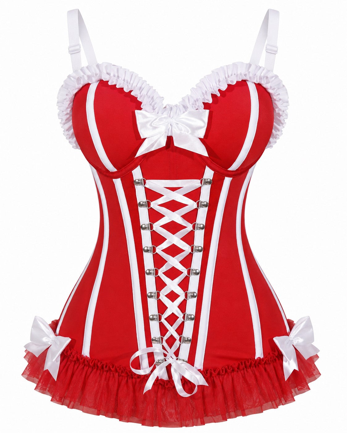Red and white striped corset dress with sweetheart neckline, lace-up front, and ruffled skirt.