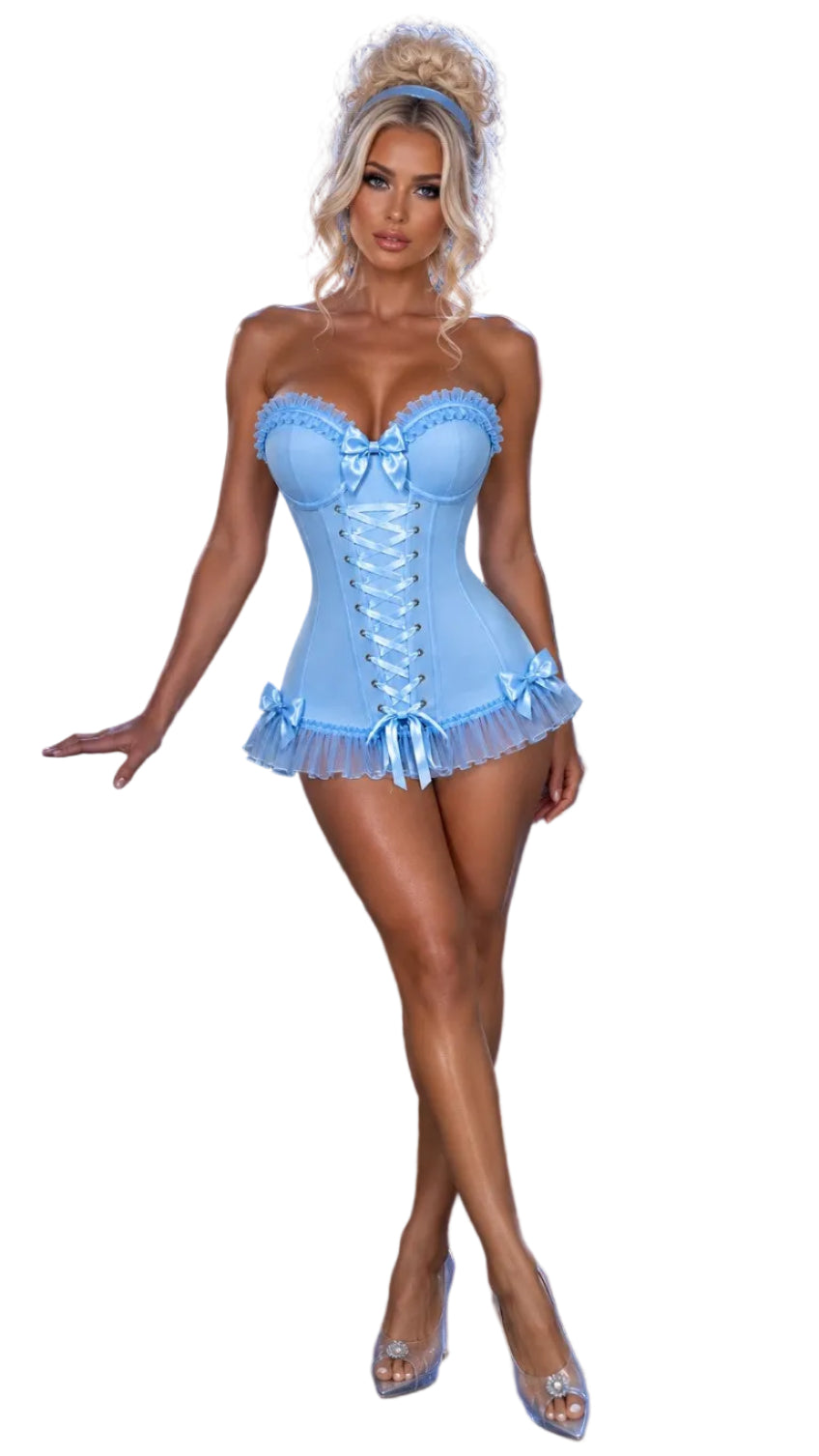 Light blue princess corset costume with ruffled trim, lace-up front, bow accents