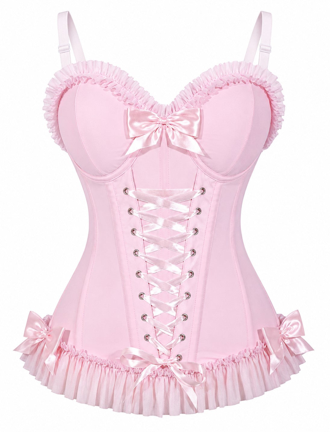 Light pink corset top with sweetheart cups, satin bow, and vertical lace-up detailing
