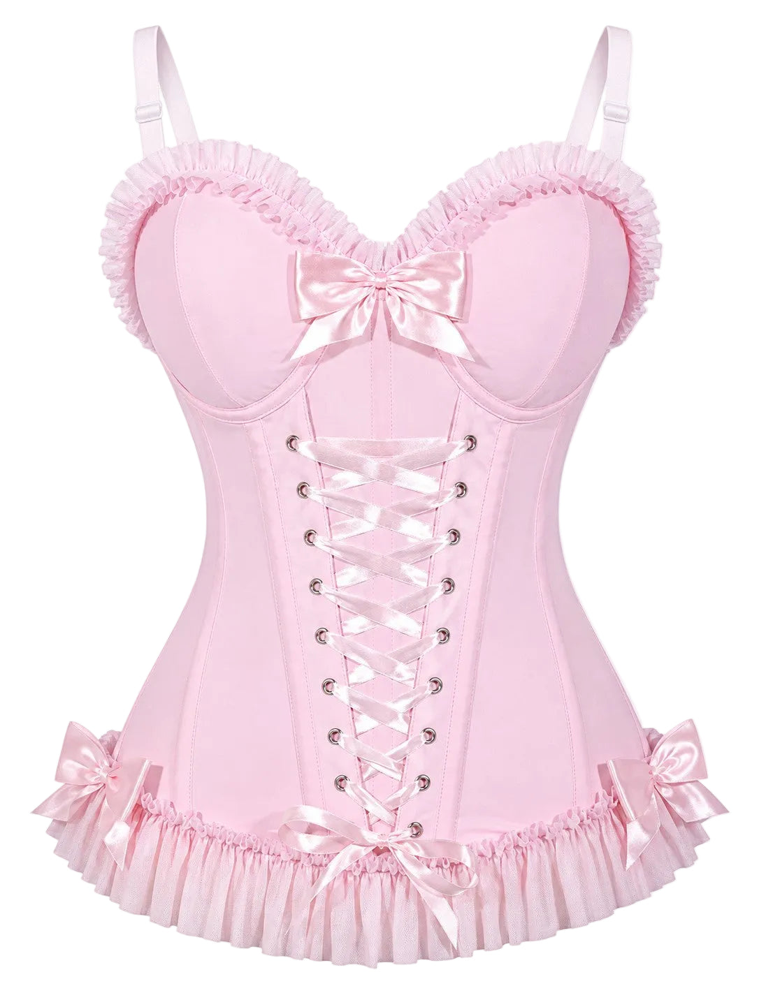Light pink corset top with sweetheart cups, satin bow, and vertical lace-up detailing