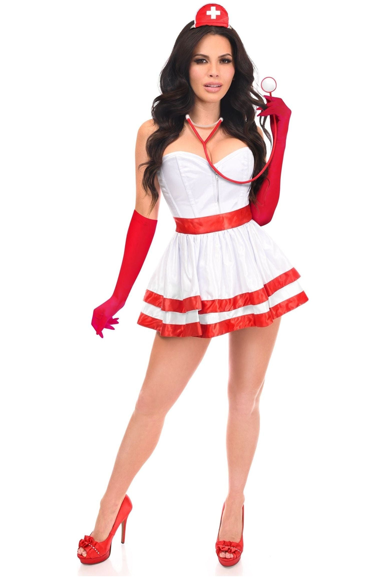 Model wearing High-End Heart Stopper 5 Pc Nurse Corset Costume: strapless white dress with red trim, red gloves, stethoscope, and nurse cap, showcasing the costume's premium satin design with corset detailing.