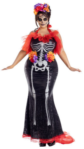 Plus Size Glamour Muerta dress with black sequins, off-shoulder design, red ruffle train, flower accents, skeleton print, and matching headpiece.