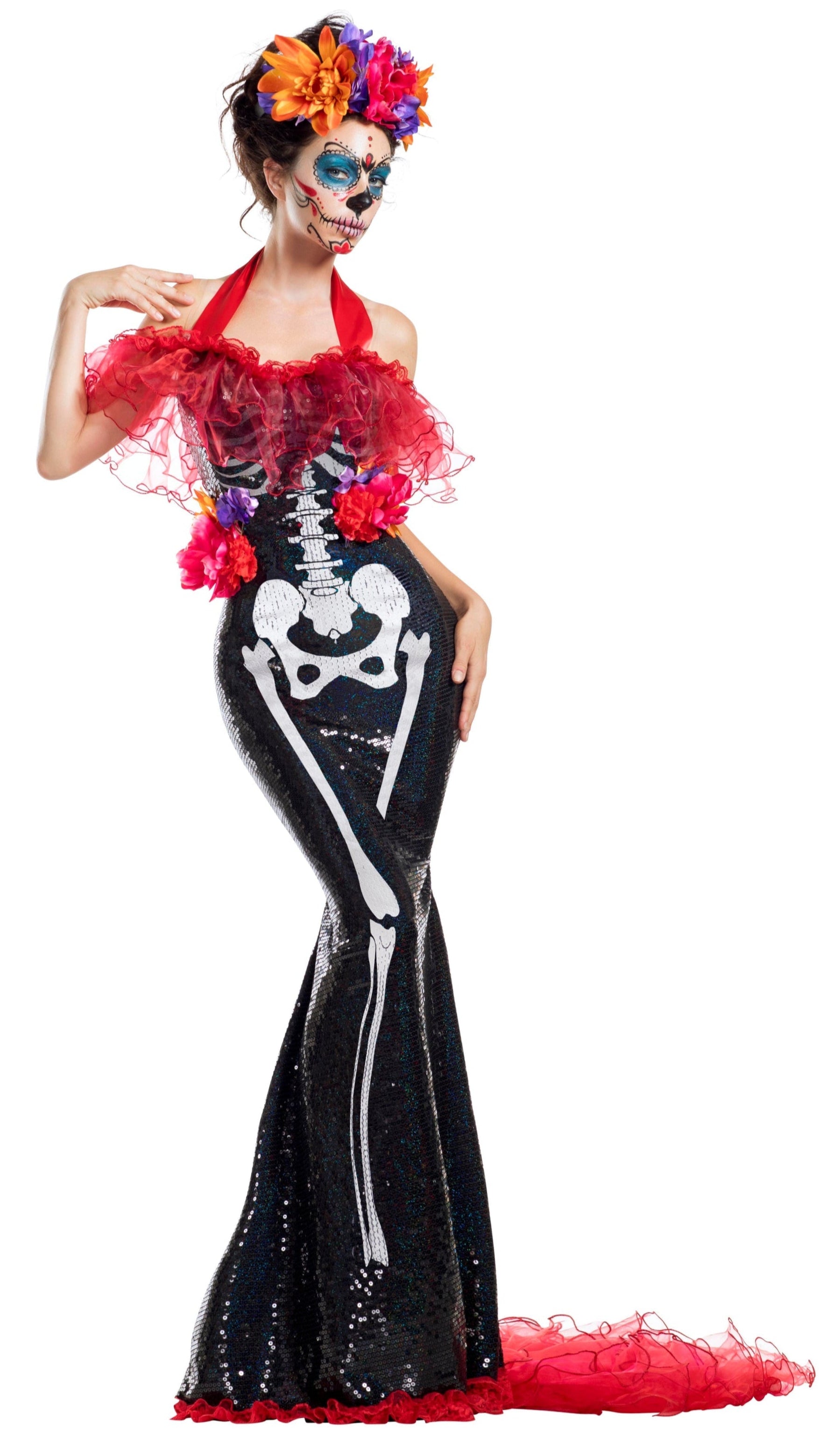 Glamour Muerta dress featuring off-shoulder black sequins, red ruffle train, skeleton print, flower accents, and matching headpiece, modeled with face paint and floral hair adornment.