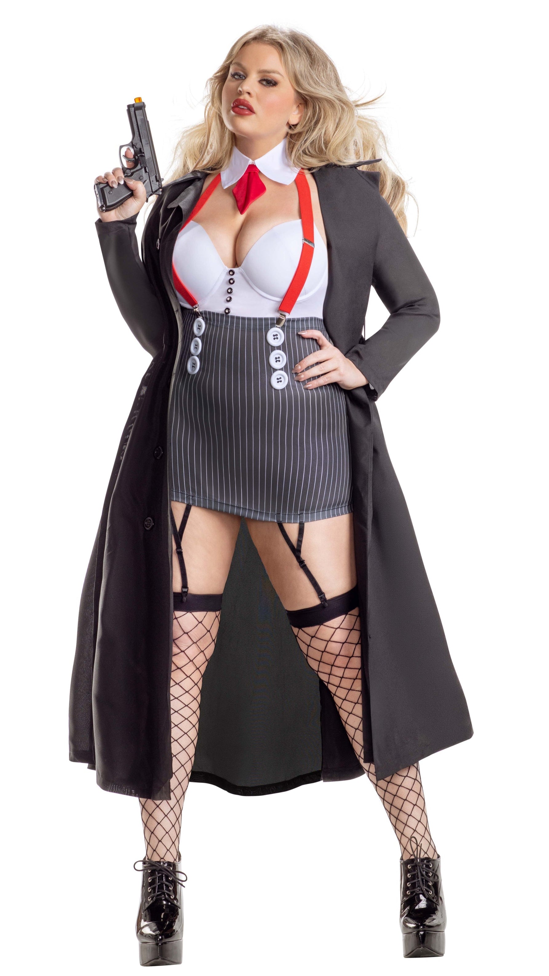 Plus Size Gangster Babe mini dress with pin-striped pattern, button details, and padded cups, paired with a black trench coat, tie, collar, and suspenders.
