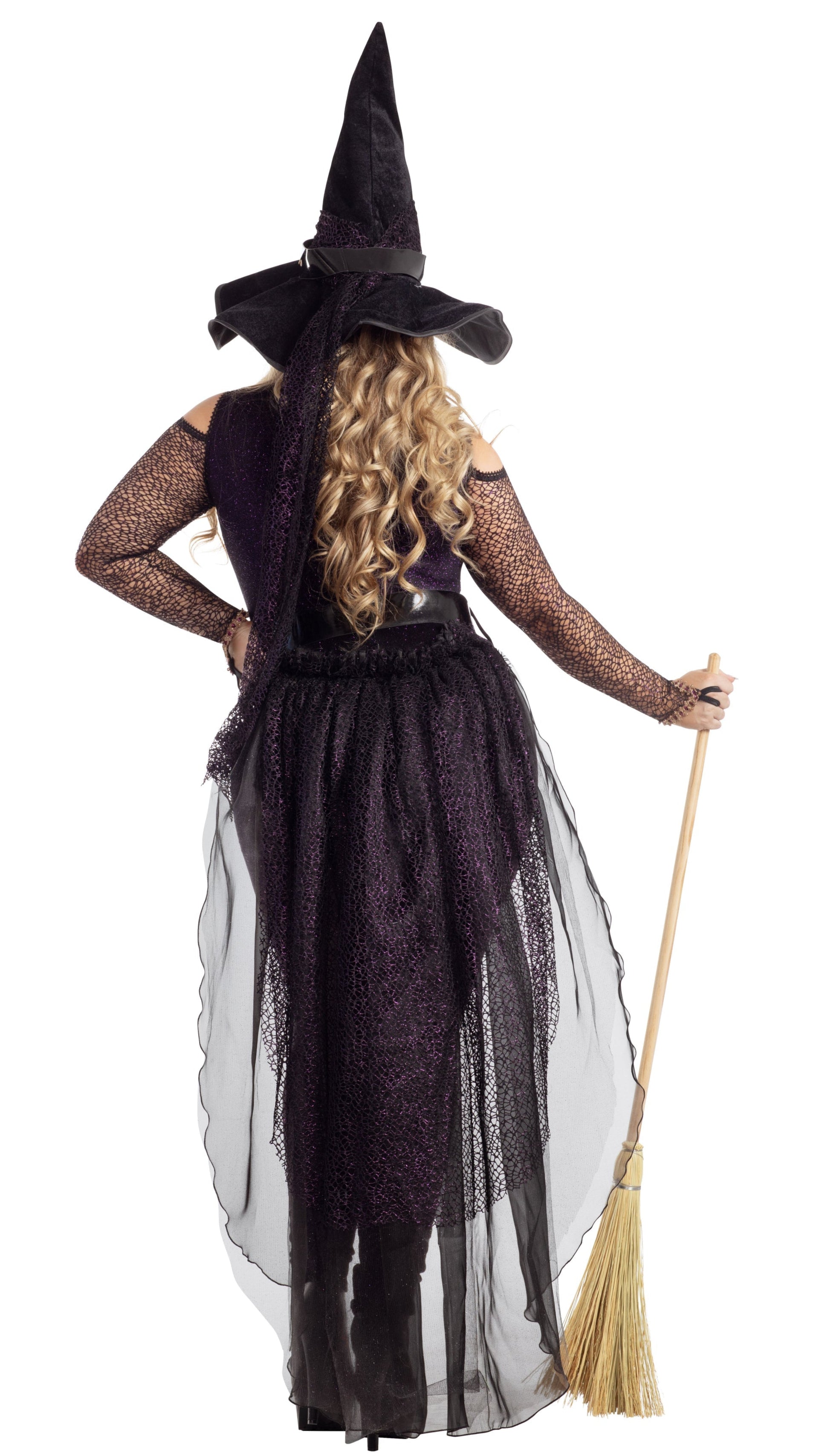 Plus Size Midnight Violet Witch bodysuit with lace-up front, metallic mesh accents, attached bustle, matching hat, and belt, highlighting fashion accessory and costume design elements.