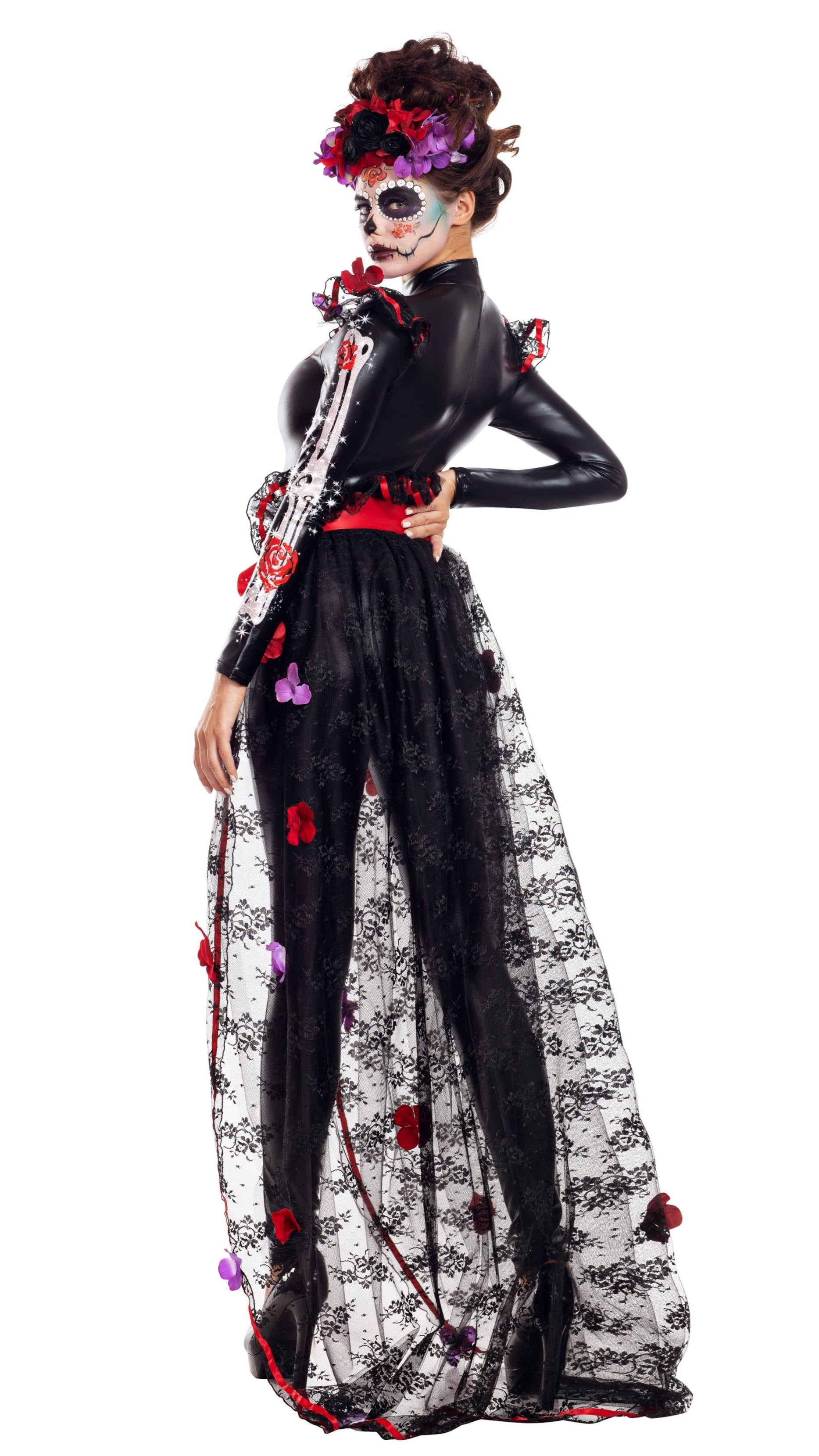Rosas Day of the Dead bodysuit featuring a glitter skeleton print and rose graphics, paired with a matching tie-front bustle skirt and floral headpiece.