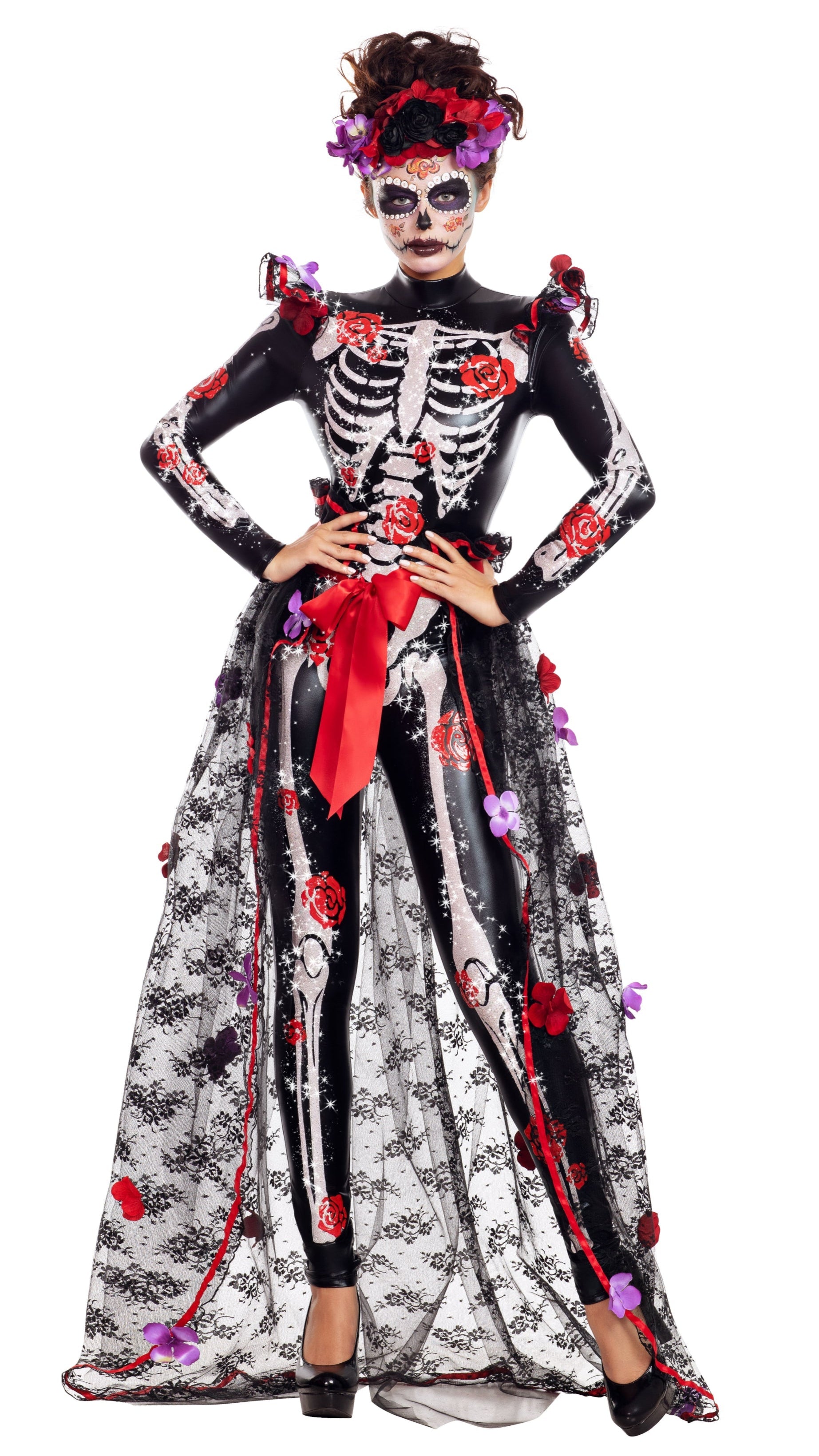 Rosas Day of the Dead bodysuit features a glitter skeleton print, rose graphics, matching tie-front bustle skirt, and flower-adorned headpiece.