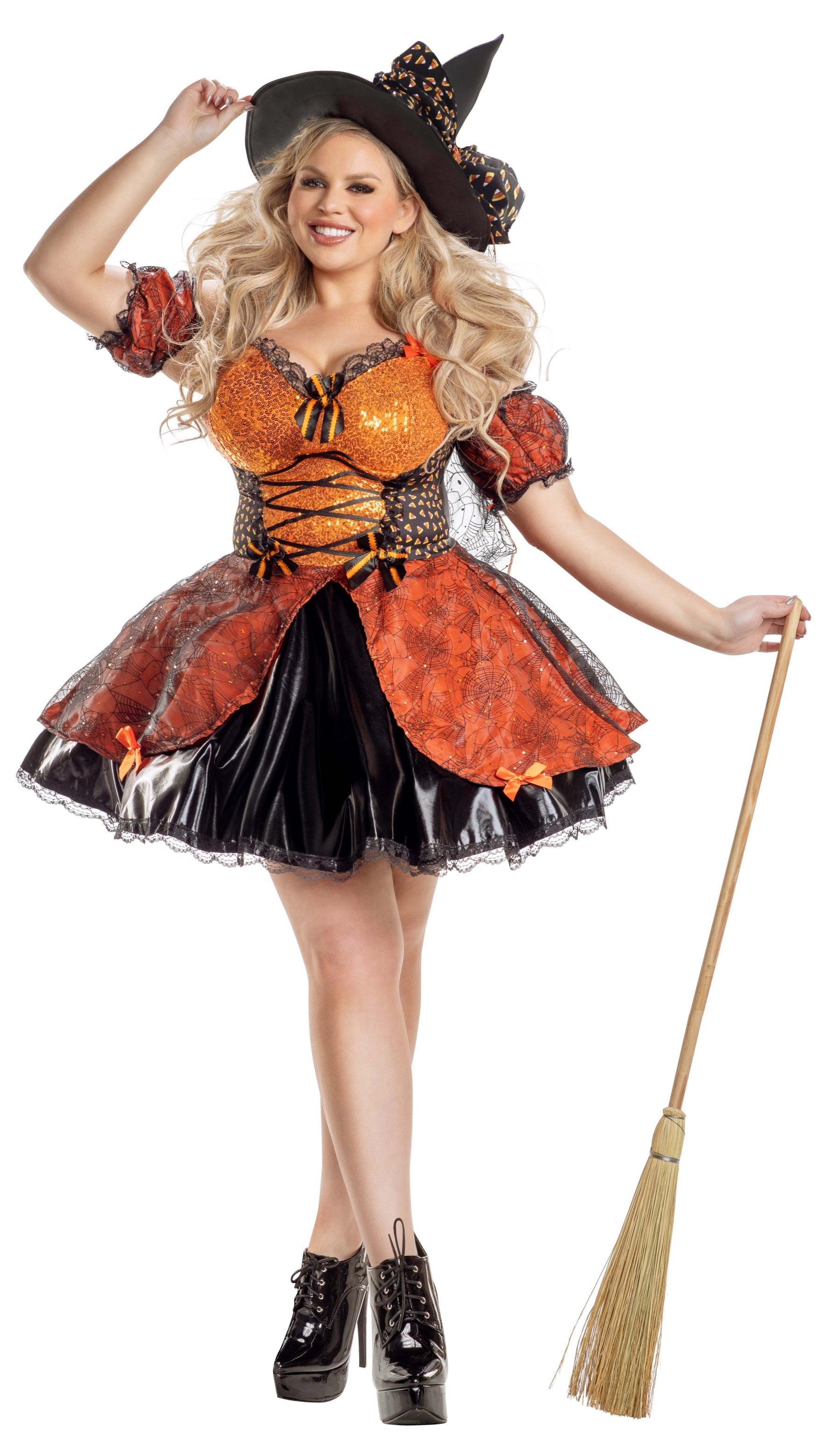 Plus Size Sweet As Candy Corn Witch dress featuring sequin accents, spiderweb details, candy corn print panels, with matching sleeves and hat. Petticoat not included.