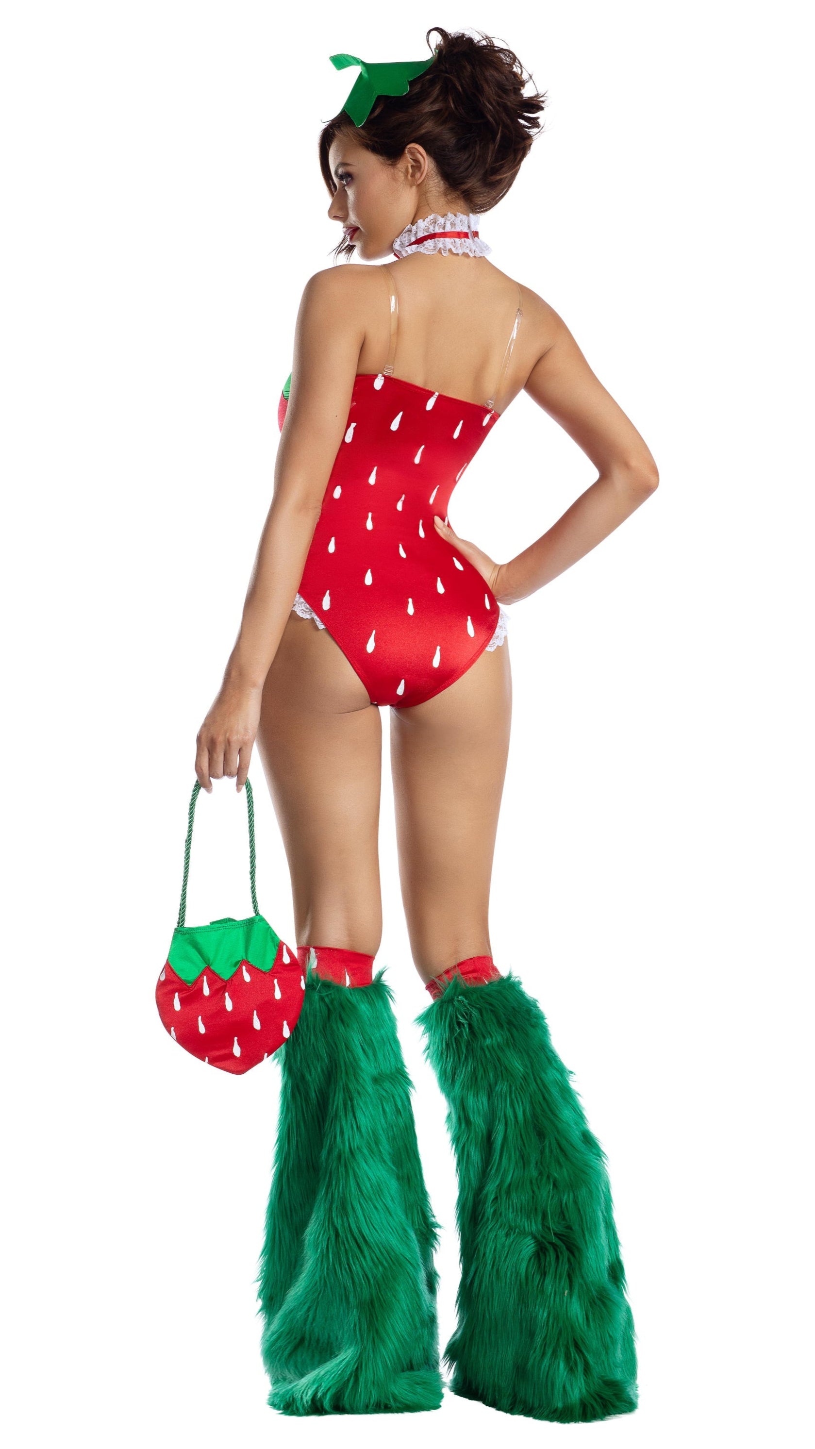 Sassy Strawberry teddy with lace and daisy details, paired with a matching headpiece and purse, showcased by a woman in a swimsuit.