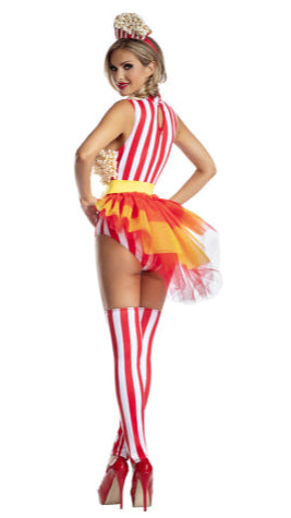 A woman models the POP Babe striped teddy with popcorn detail, featuring an attached bustle, matching leg warmers, purse, belt, and headpiece.