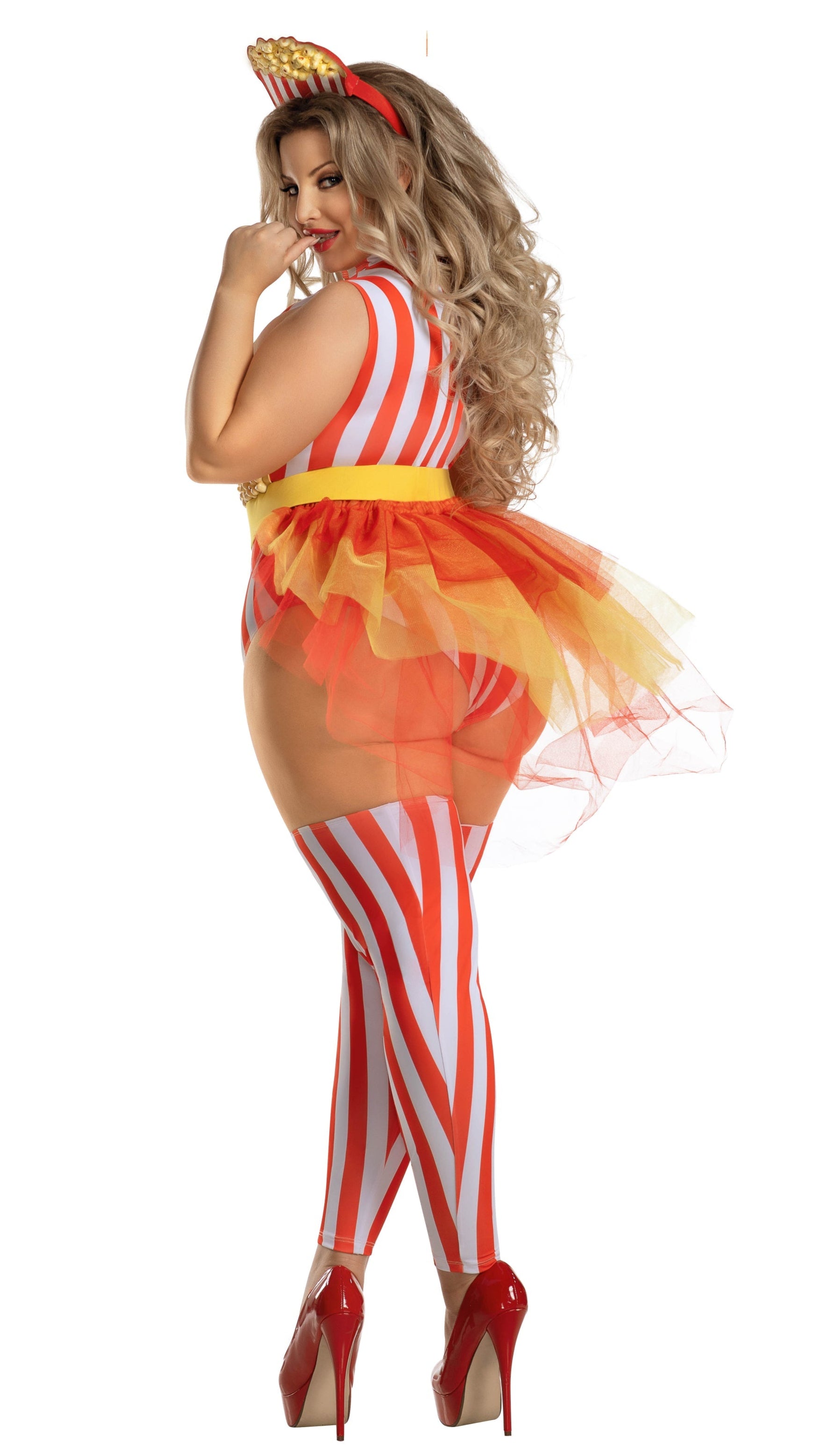 Close-up of Plus Size POP Babe teddy with popcorn detail, attached bustle, and matching accessories, highlighting its intricate costume design and dance-inspired style.