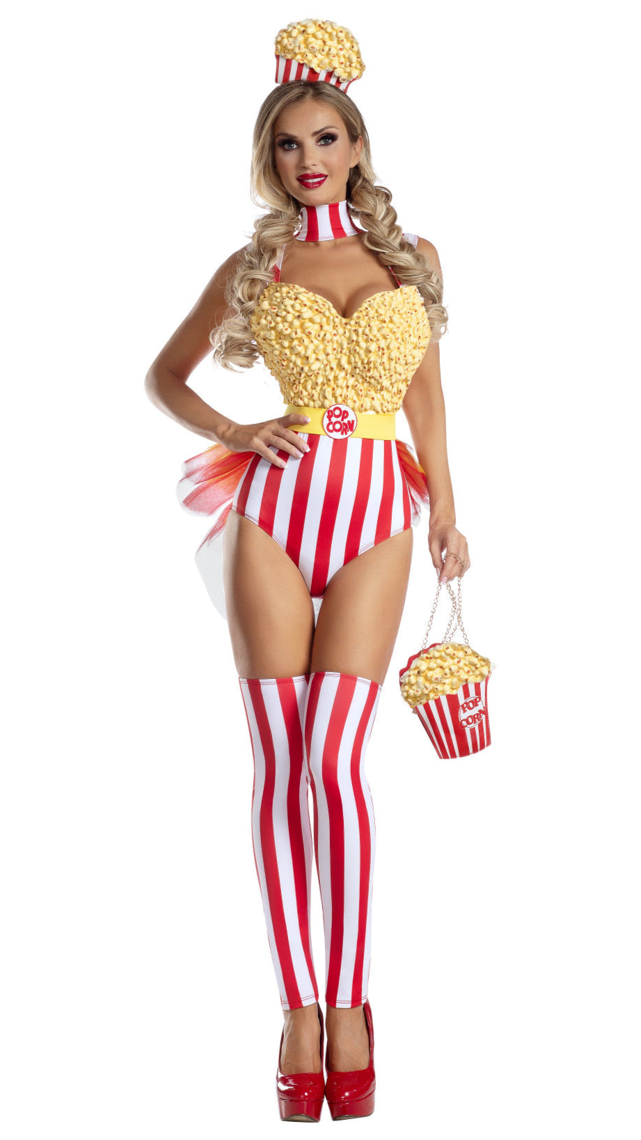 A woman wearing the POP Babe striped teddy with popcorn detail, paired with matching leg warmers and accessories, showcasing its playful dance-ready design.