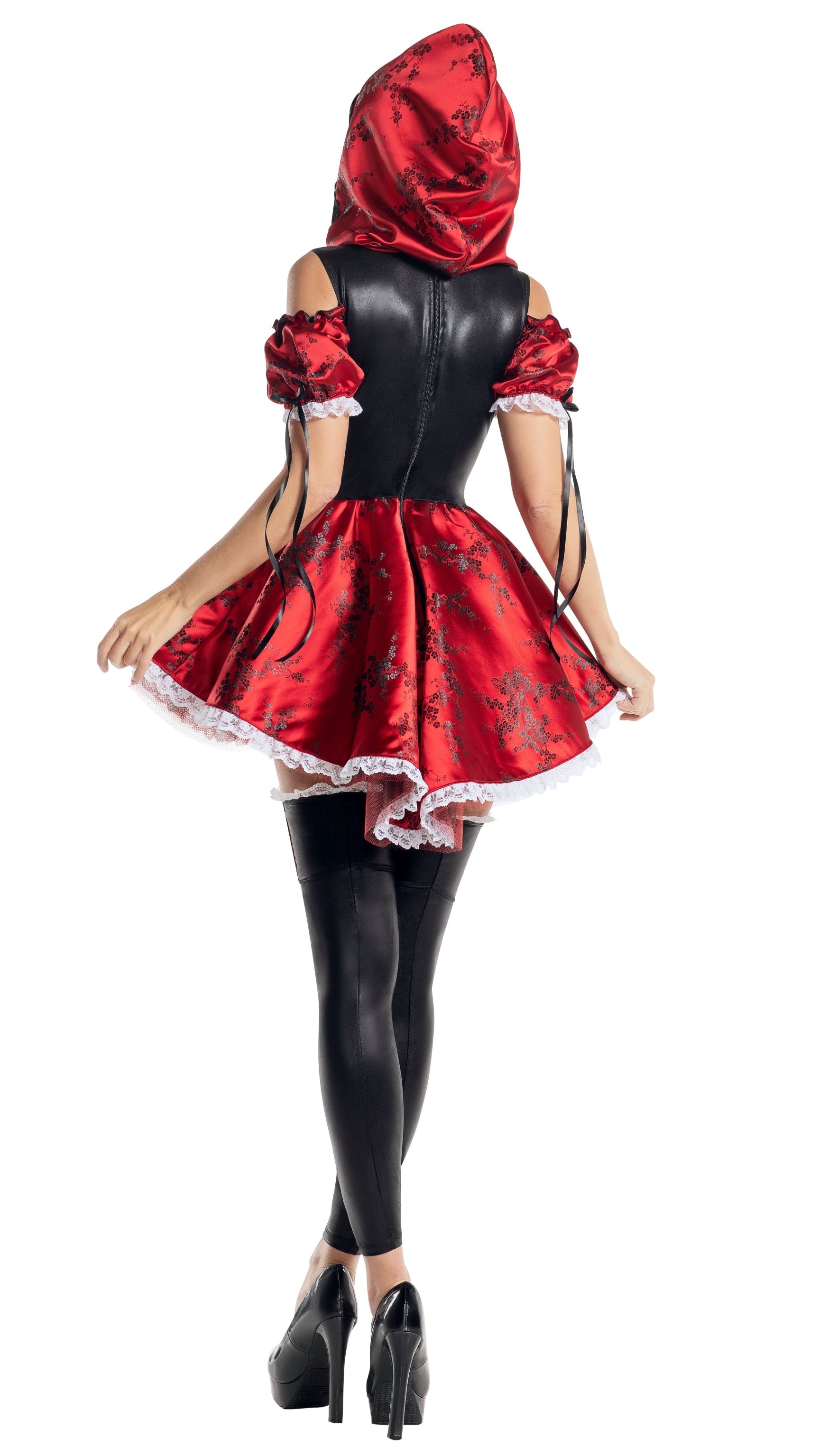 Close-up of Brocade Riding Hood costume, highlighting lace-up detail, brocade skirt, and matching leg warmers. The focus is on its intricate design elements.