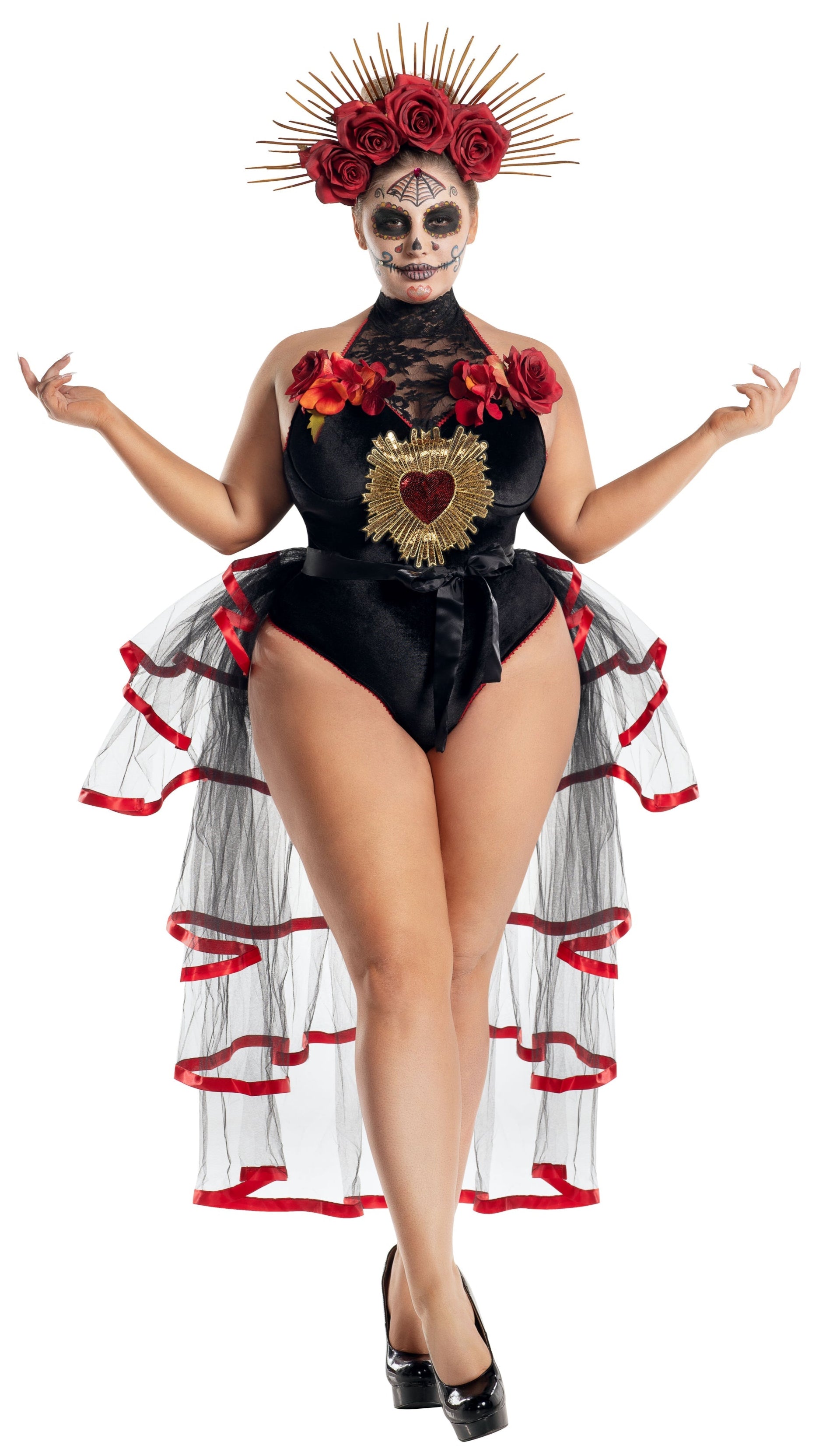 Plus Size La Muerta black velvet teddy with gold sacred heart sequin patch, lace details, and faux flower accents. Includes matching bustle and headpiece.