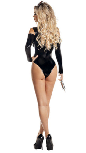 Woman modeling the Pulse Nurse wet look bodysuit with red mesh cross inserts, paired with black high heels, showcasing its sleek design and matching headpiece.