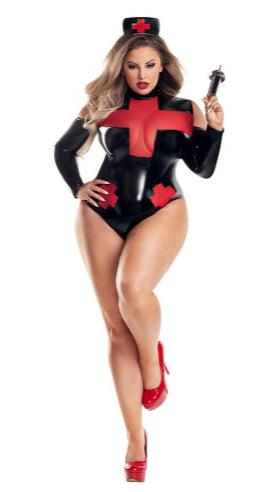 Plus Size Pulse Nurse bodysuit features black wet look fabric with red mesh cross inserts, worn by a woman, includes matching headpiece.