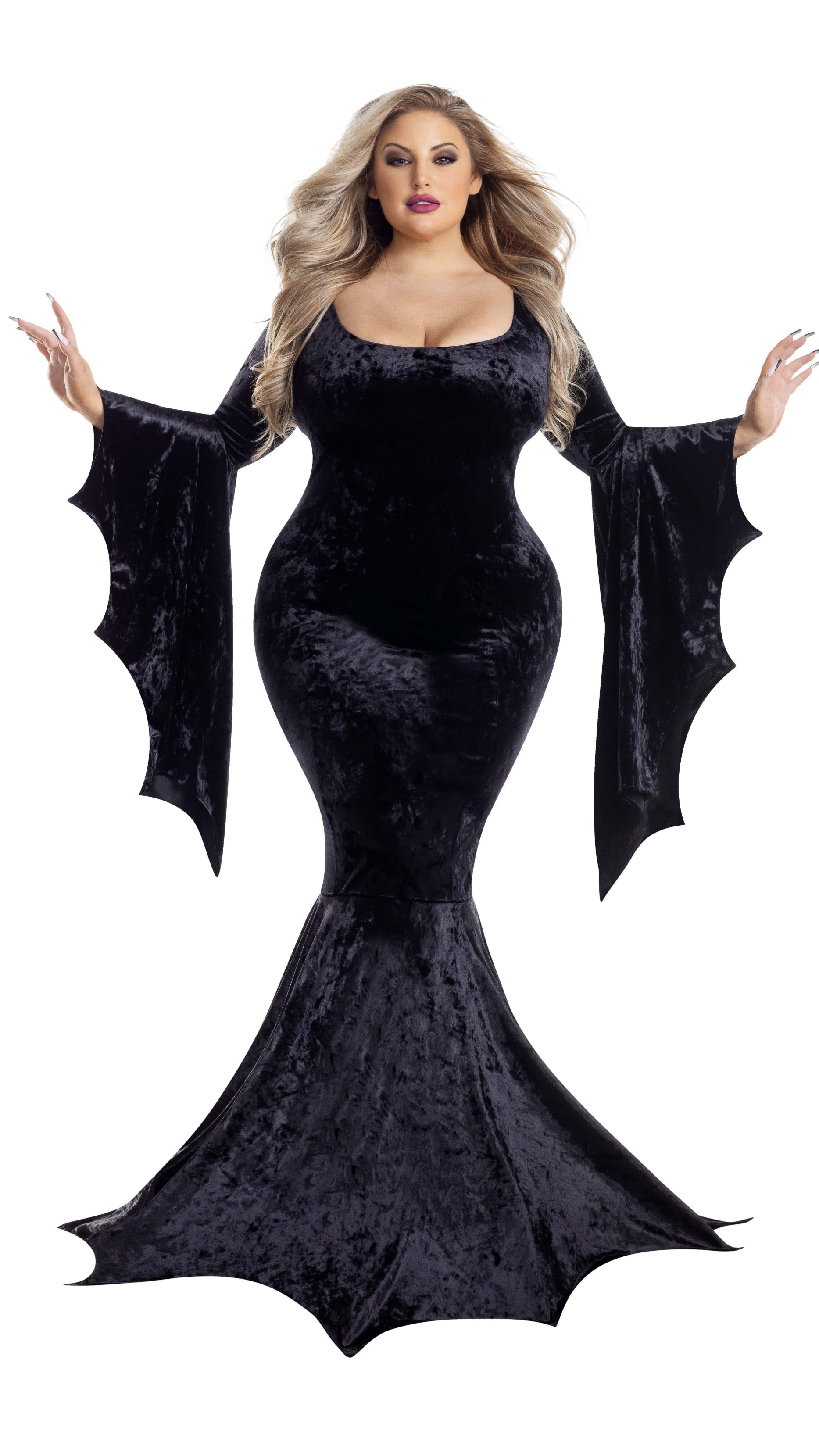 Plus Size Vamp Dress - BLACK in crushed velvet with gothic hem and sleeve details, modeled by a woman, highlighting intricate costume design elements.
