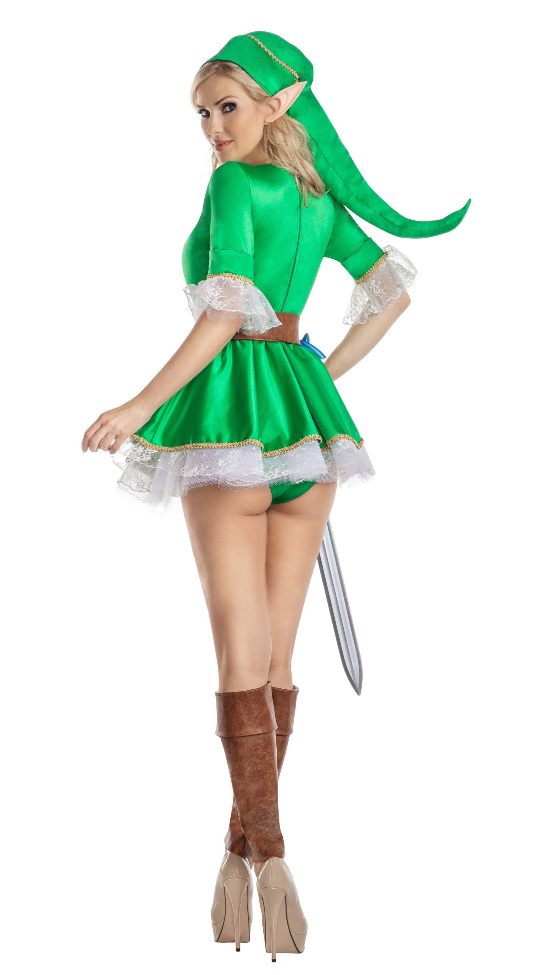 Linky Hero dress with harness, lace, and gold details, featuring a matching hat and leg warmers. Sword not included.