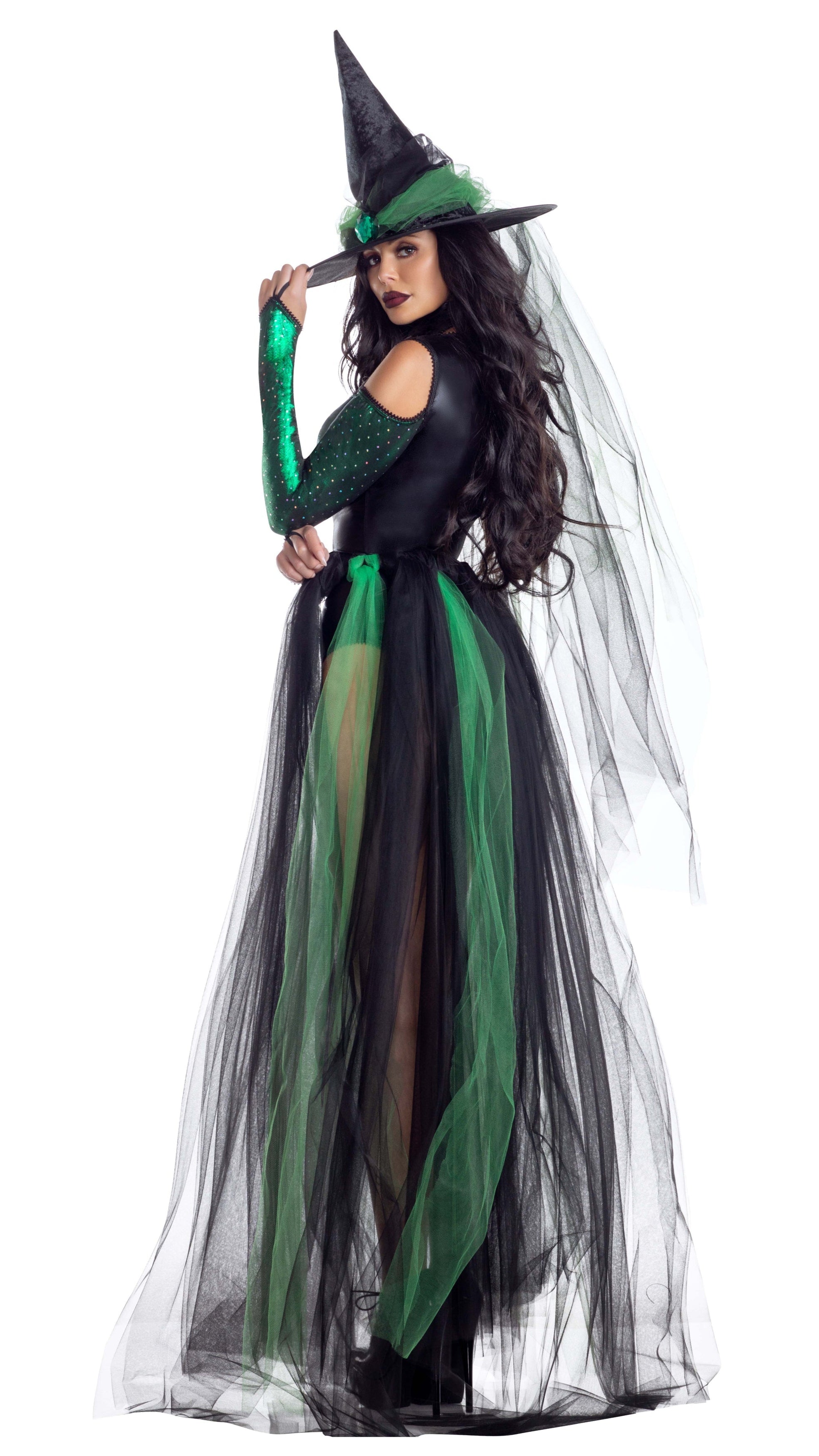 Wicked Emerald Witch costume featuring a cold shoulder teddy with sparkle details, pearl accents, oversized gem details, and a matching deluxe tulle skirt and hat.