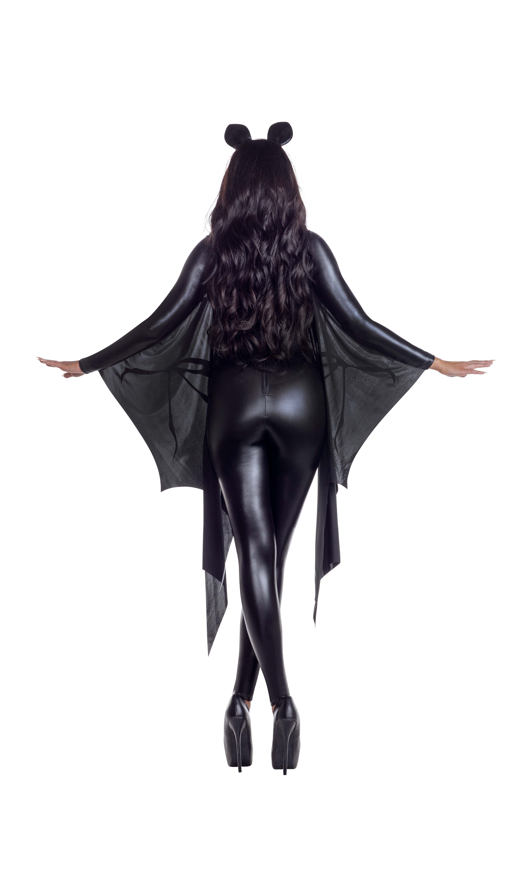 Close-up of a woman wearing the Battie Skeleton lamé bodysuit with attached bat wings and a matching headpiece, showcasing intricate design and texture.