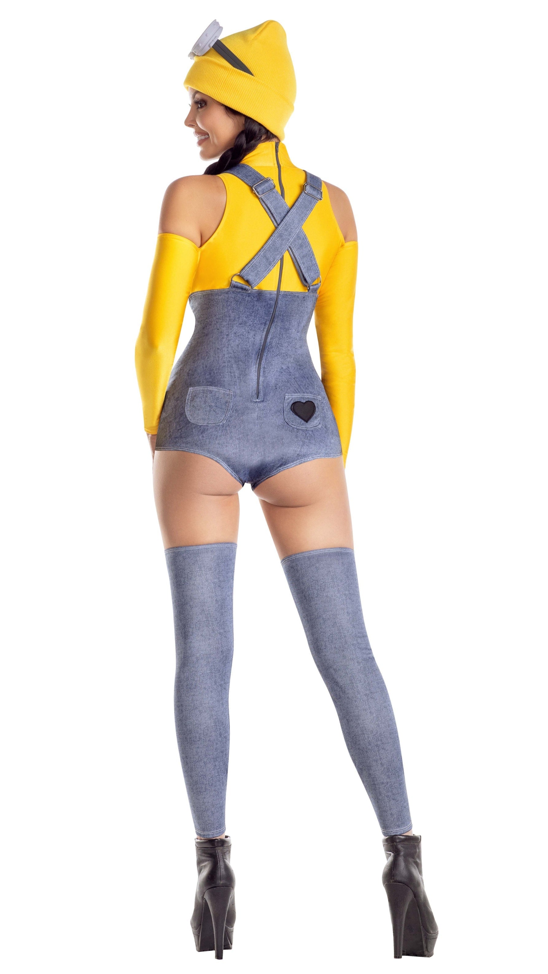 Yellow Henchbabe romper with cold-shoulder, button accents, heart patches, matching leg warmers, beanie, goggles, and banana wristlet.