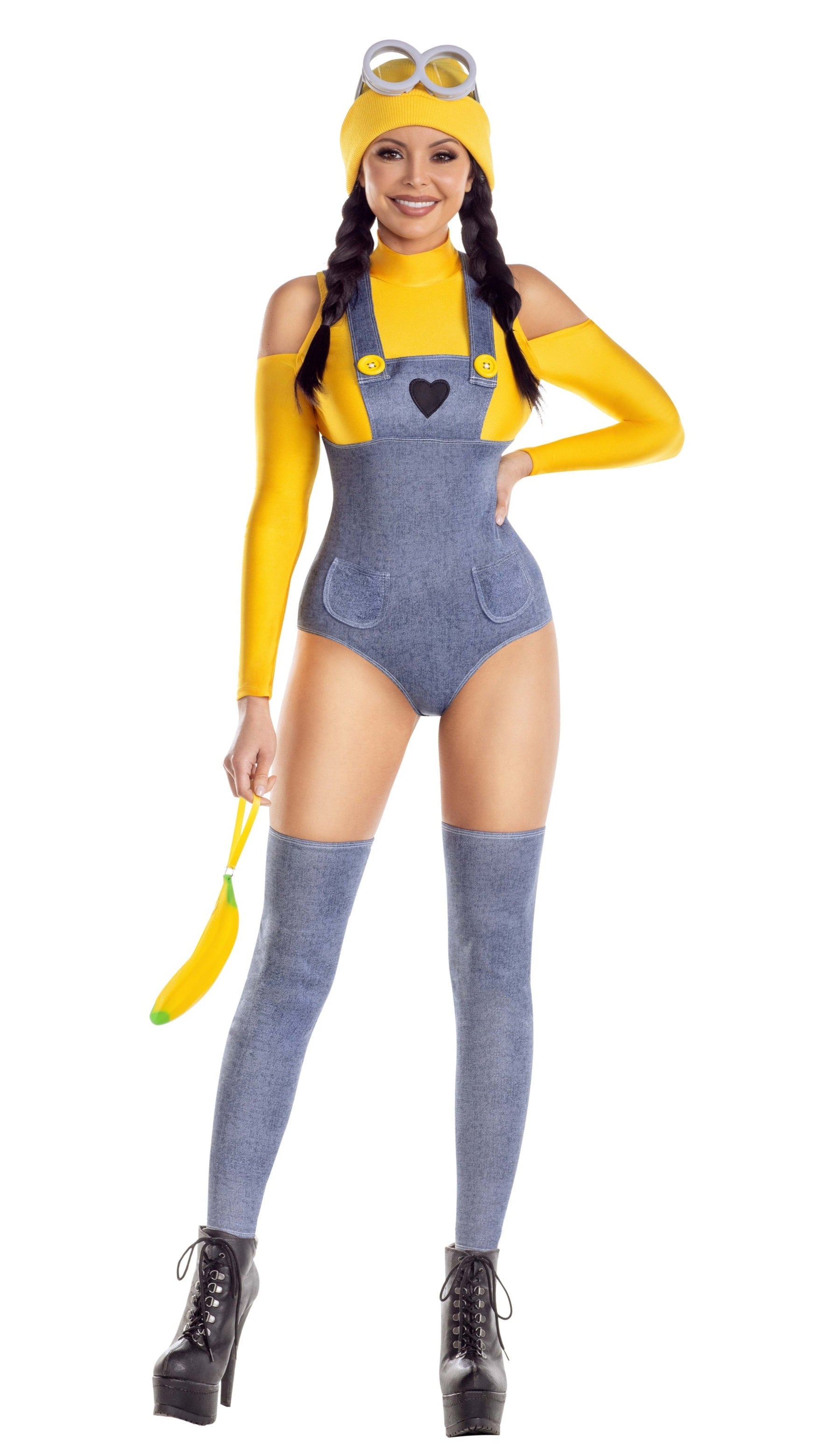 Close-up of the Yellow Henchbabe black high-heeled boot from a faux-denim romper set, showcasing sleek design and attention to detail.