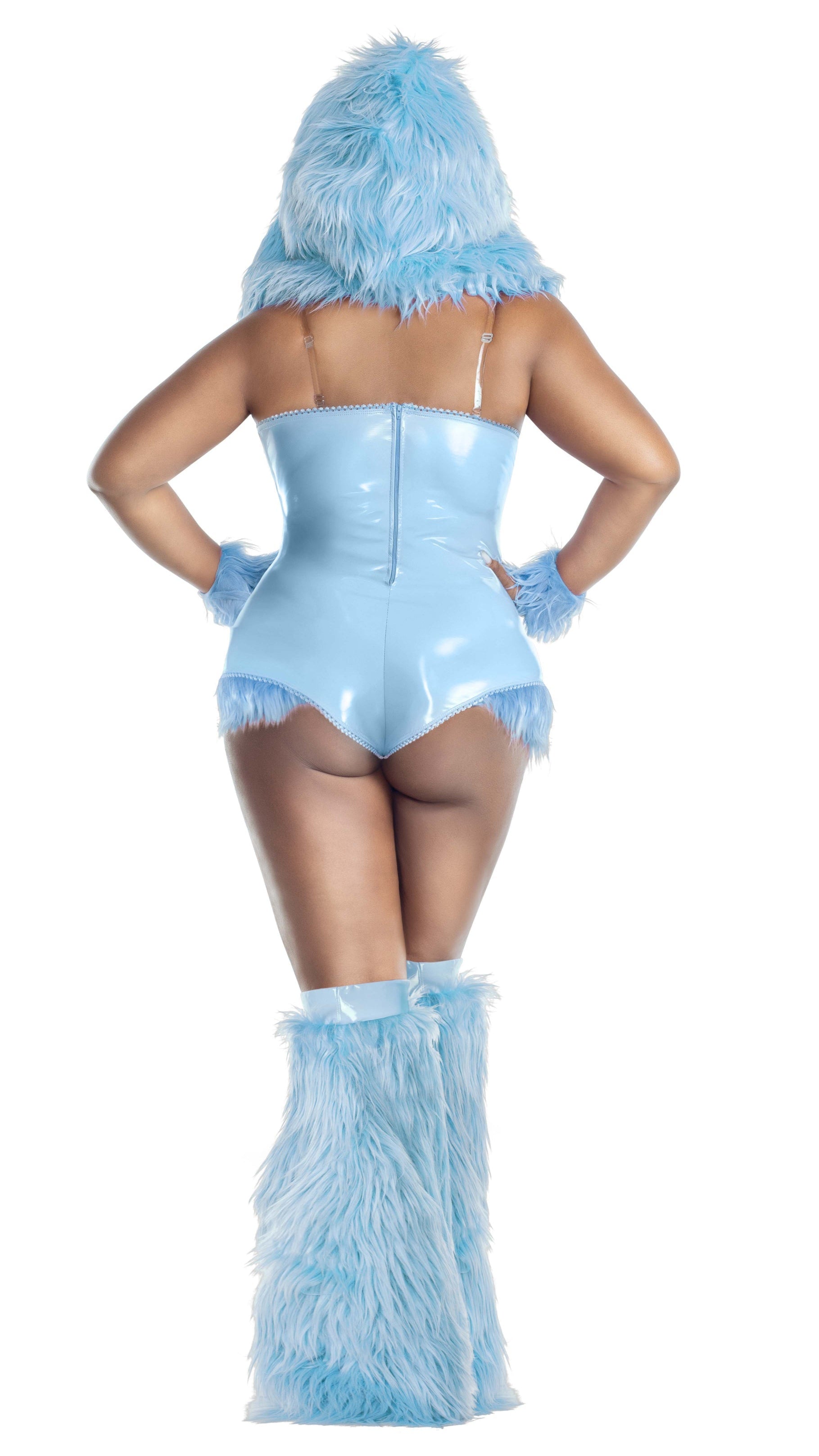 Plus Size Blue Care Creature teddy showcasing tummy appliqué, faux-fur accents, matching leg warmers, and hooded headpiece with ears and paw-detail pom-poms.