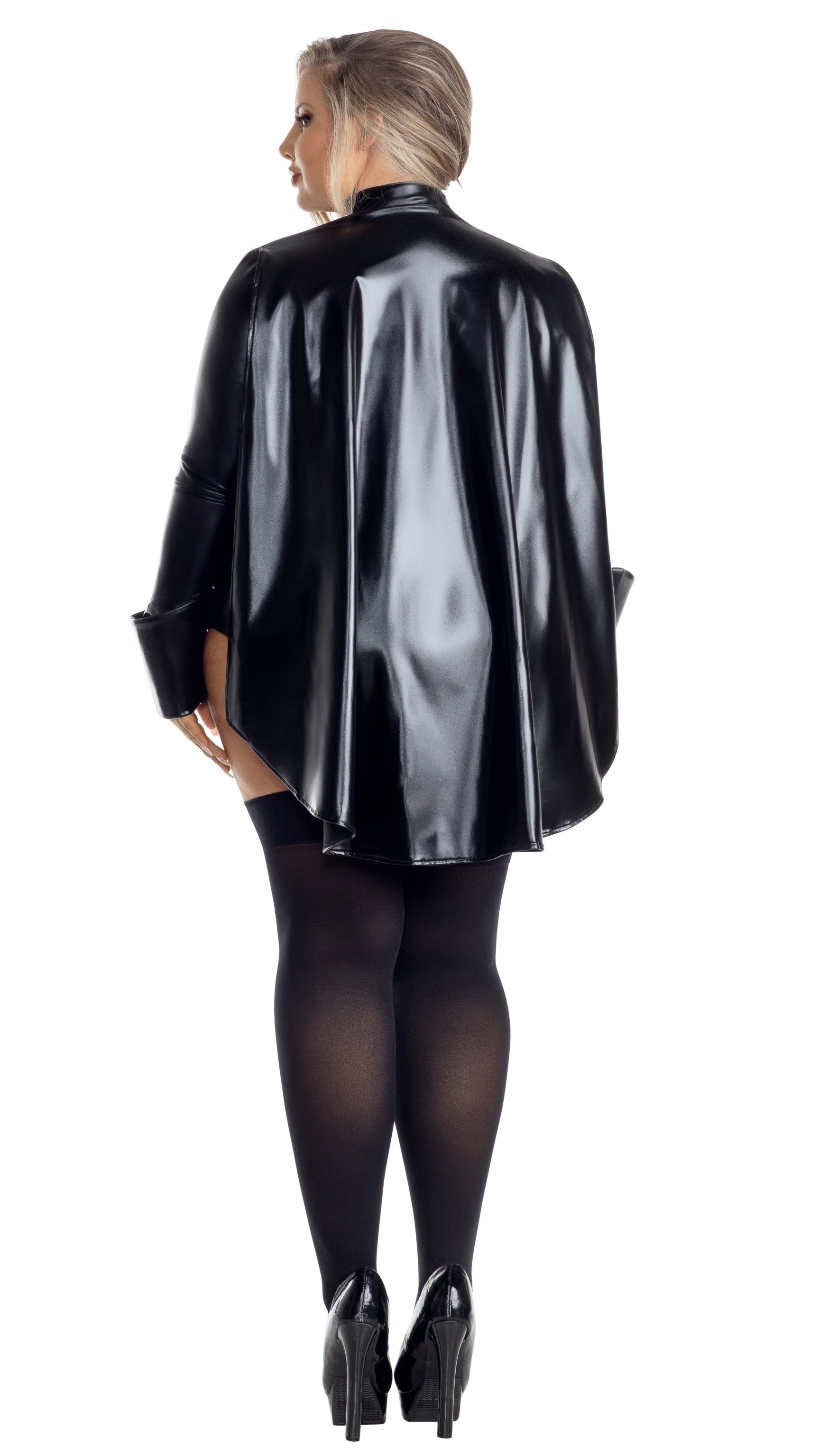Close-up of a woman's legs wearing the Plus Size Ruthless Galactic Empress black lamé teddy with garters, featuring a matching black lamé shrug and cape.