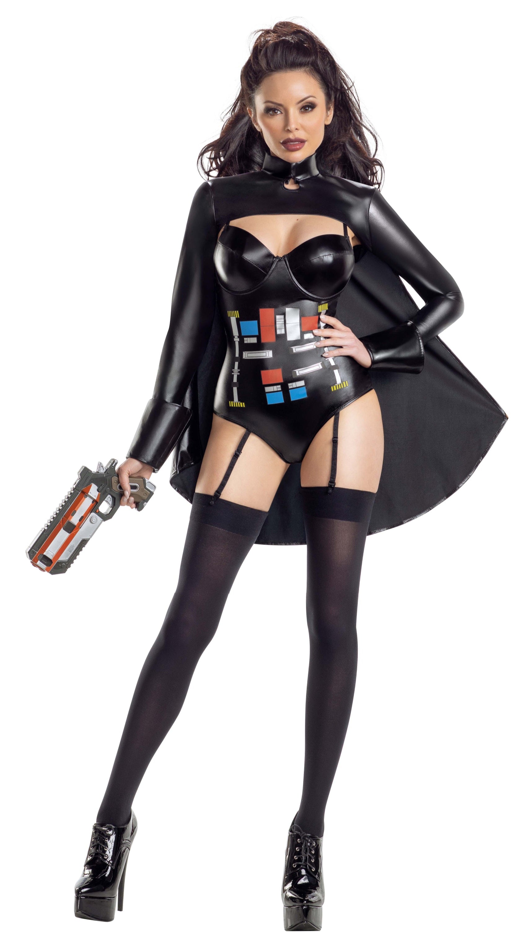 A woman models the Ruthless Galactic Empress black lamé teddy with garters, paired with a matching shrug and attached cape, holding a toy gun.