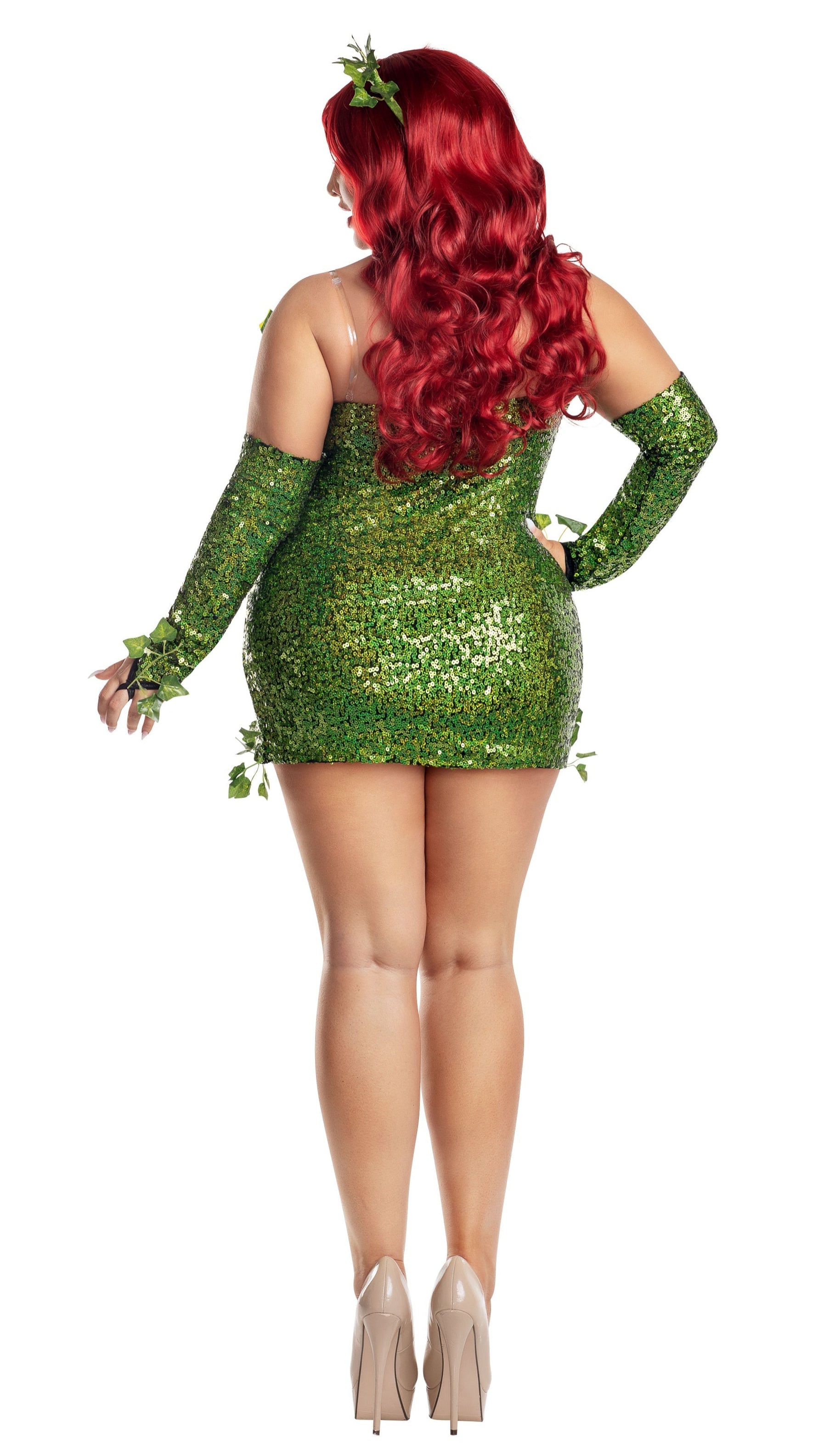 Plus Size Poisonous Villain green sequin dress featuring side slit, ivy details, and matching fingerless gloves, worn by a model.