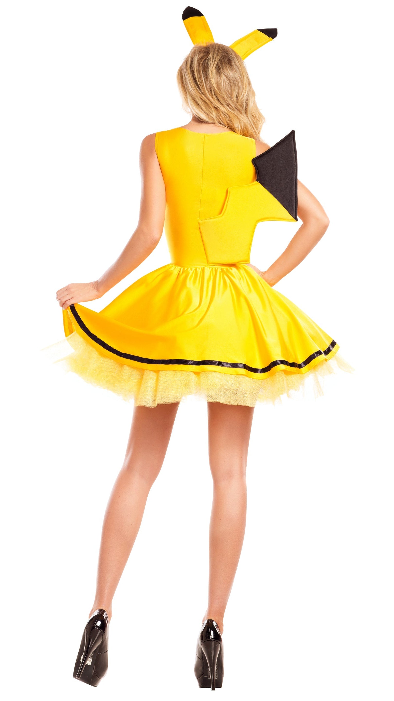 Catch Me Honey dress with yellow tulle details and a matching headpiece, shown with a close-up of a high-heeled shoe.