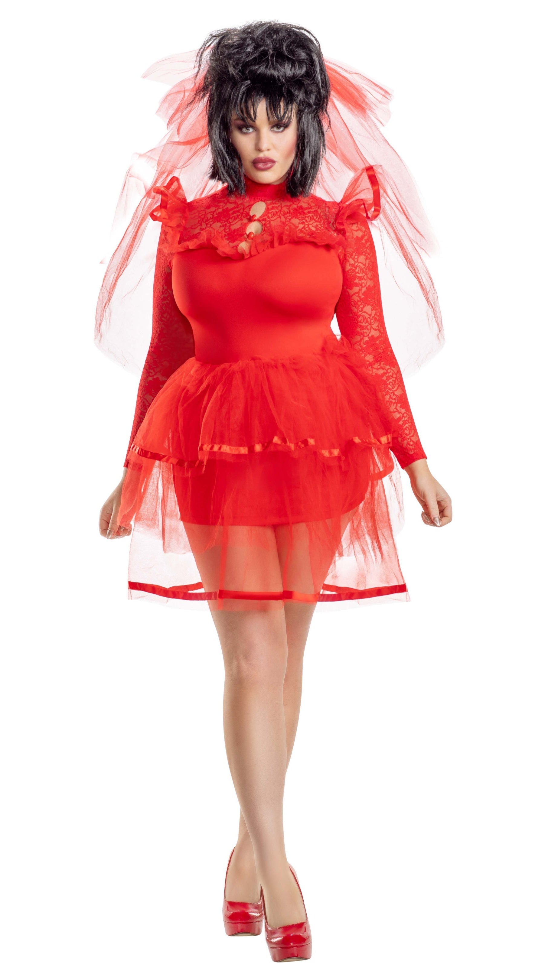 Plus Size Beetle Bride dress with lace sleeves, tulle ruffles, ribbon details, and matching veil. Petticoat not included.
