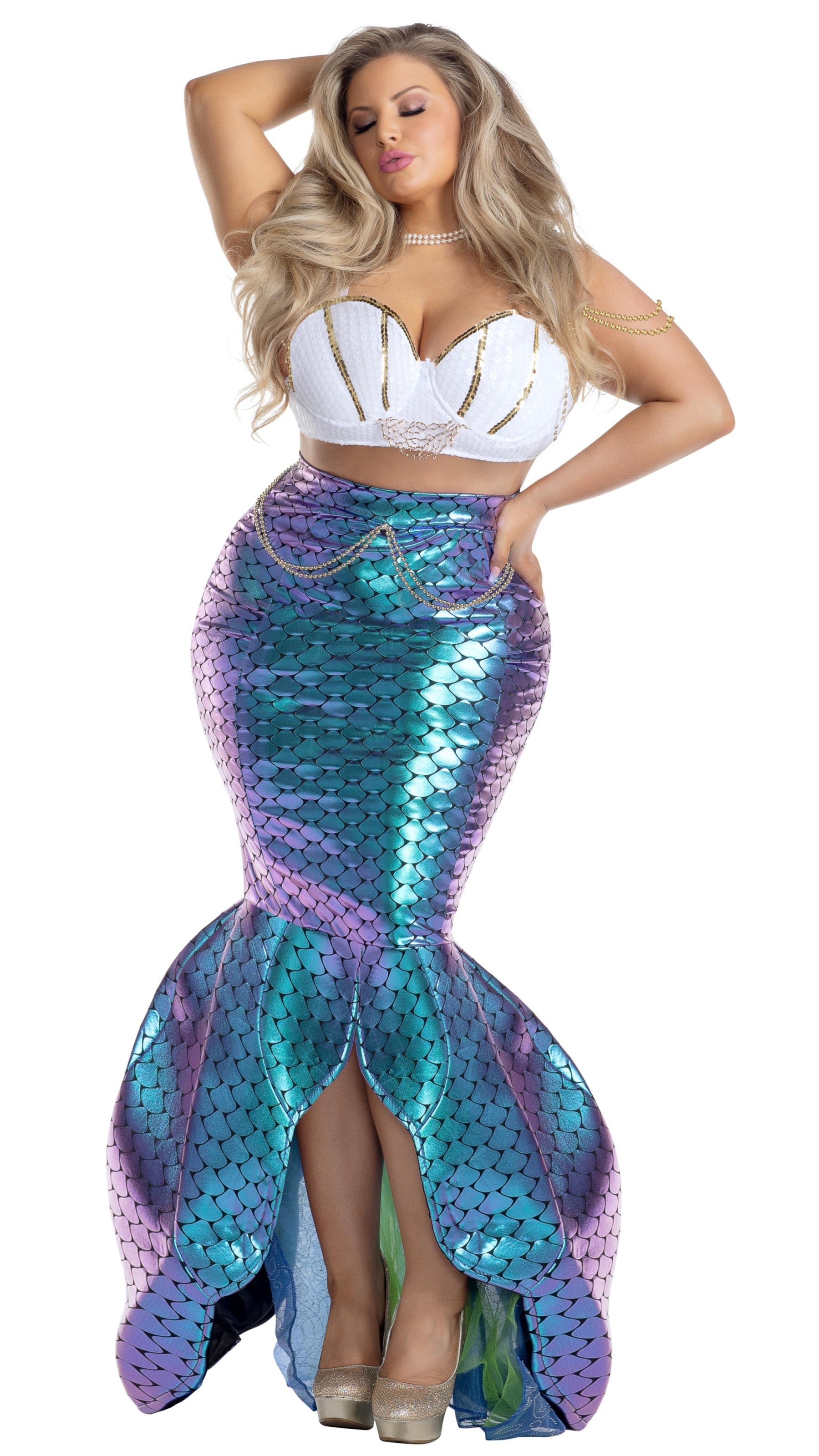 Woman modeling Plus Size Under the Sea Mermaid skirt and sequin shell cup bra, featuring pearl details and a matching pearl necklace.