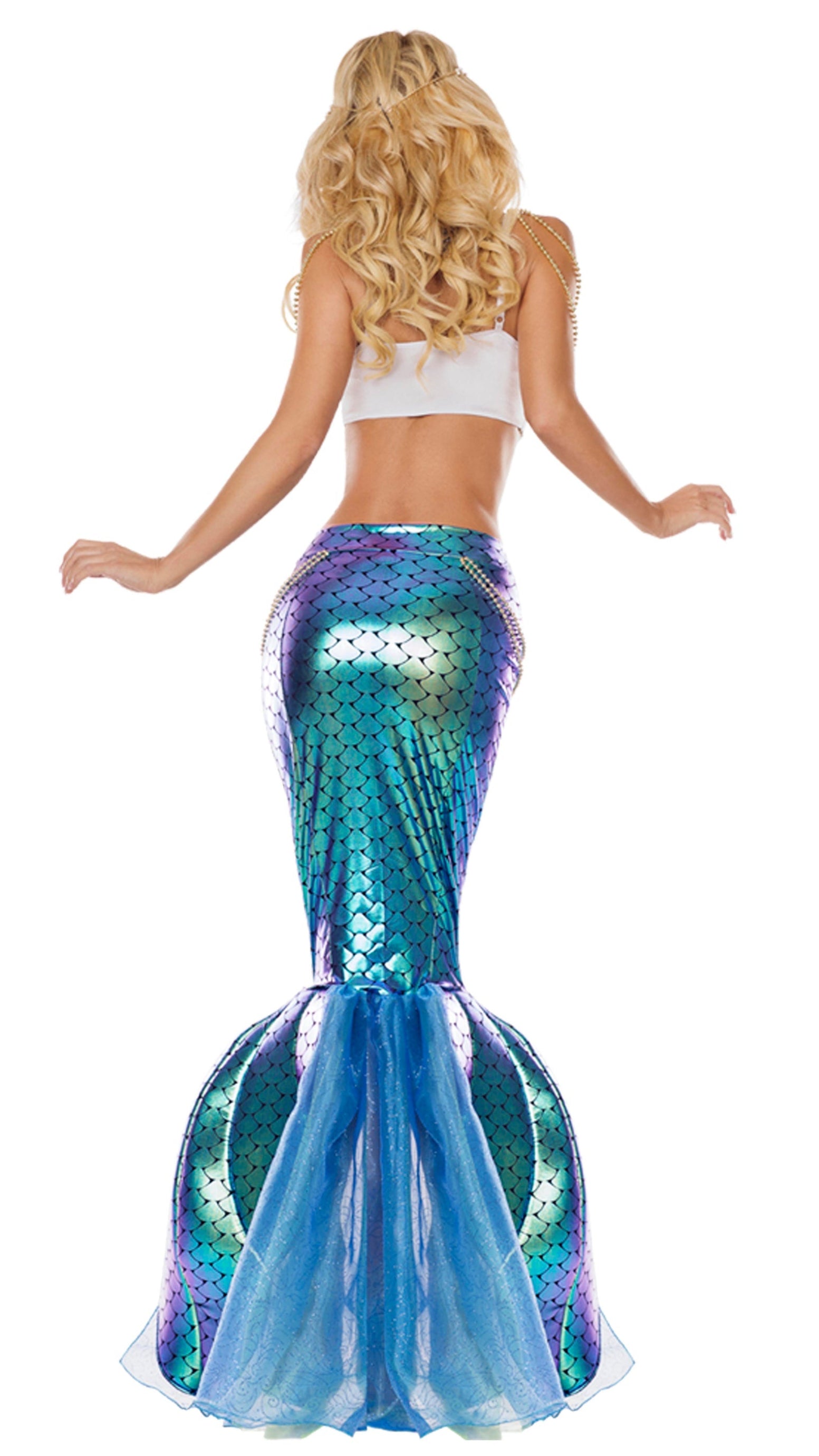 Under the Sea Mermaid outfit featuring an iridescent mermaid skirt and a white sequin bra with pearl details, paired with a white pearl necklace.