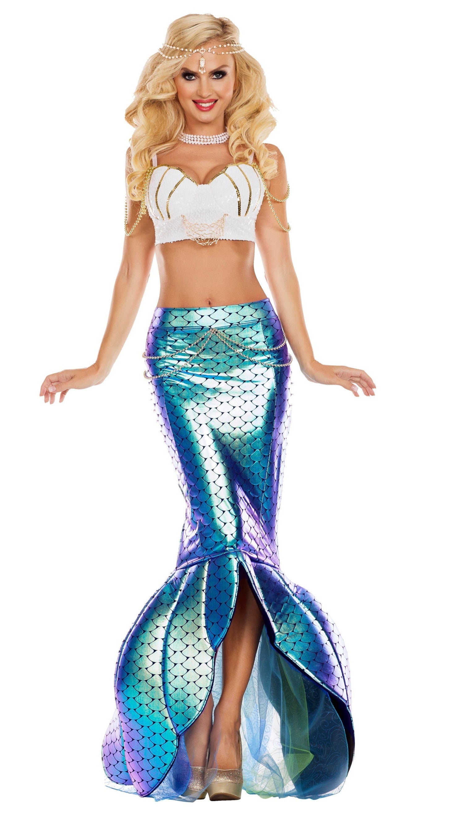 Woman in Under the Sea Mermaid skirt and sequin shell cup bra, adorned with pearl details and necklace.