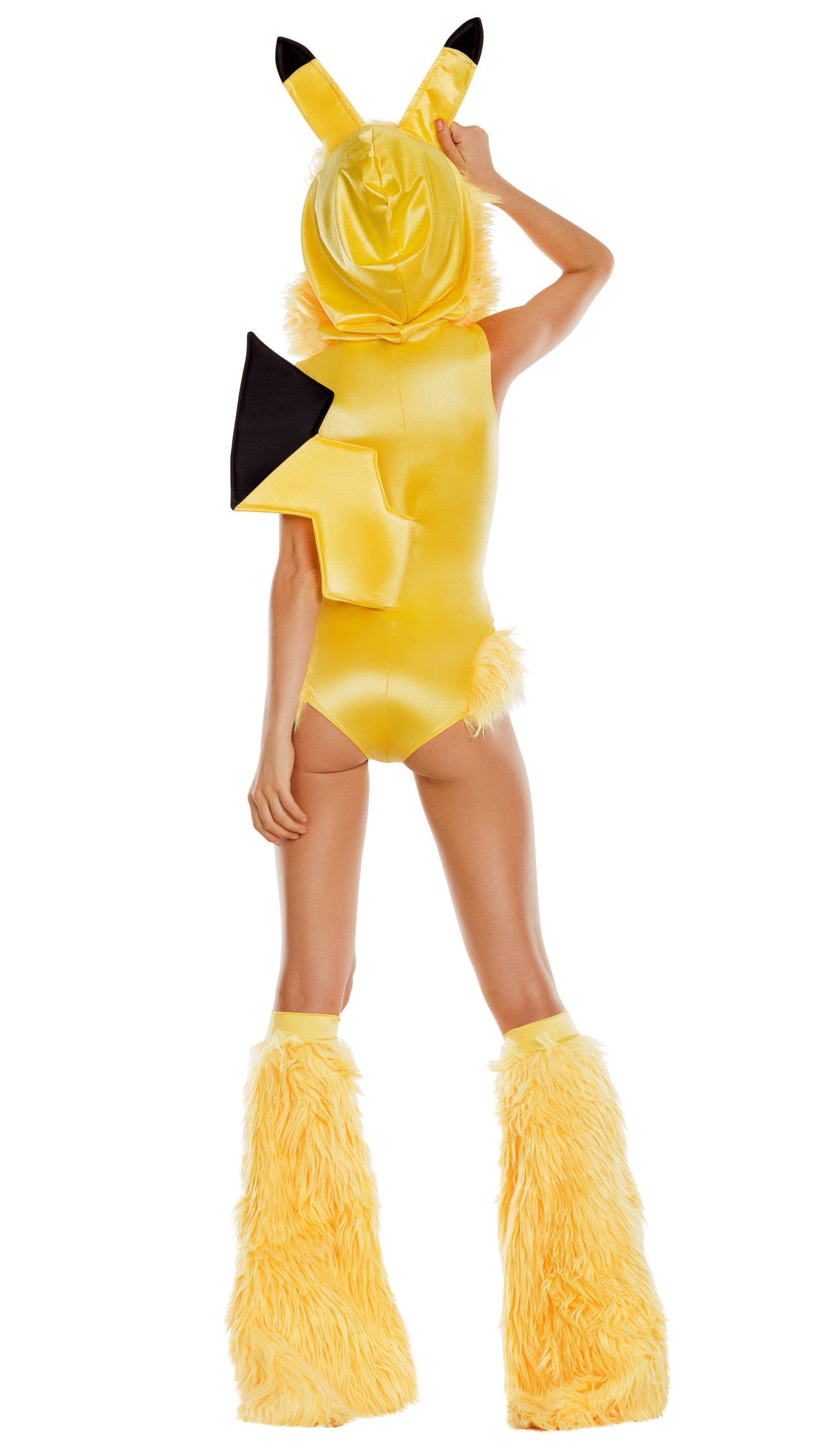 Hand wearing Collectible Animé Cutie hooded bodysuit with fur trim, brown stripes, lightning bolt tail, and matching furry boot covers, showcasing detailed craftsmanship.