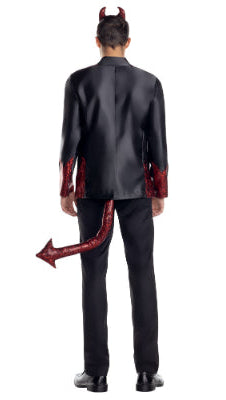A man stands wearing the Handsome Devil jacket with red detailing and attached tail, highlighting its unique design. Matching headpiece and pitchfork included.