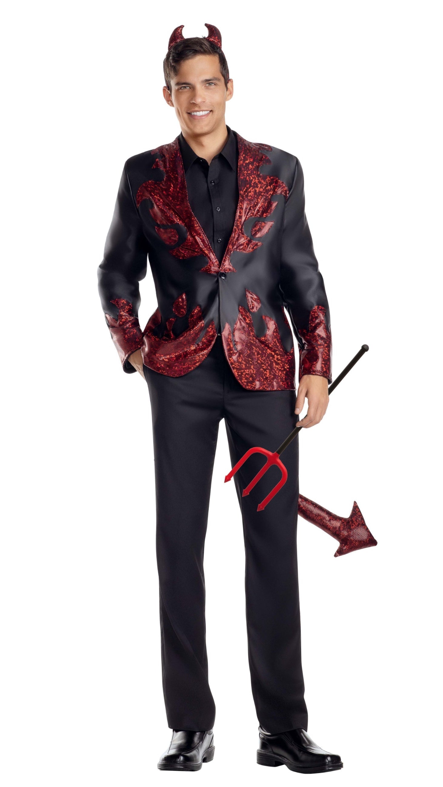 Close-up of Handsome Devil jacket with red detailing, attached tail, and matching headpiece. Features a man wearing the jacket, showcasing its fit and design.