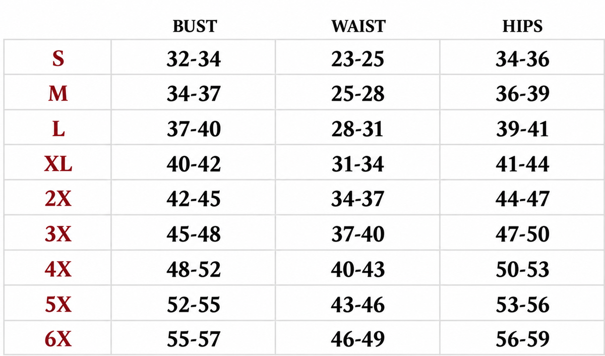 Size chart table showing bust, waist, and hips ranges for S–6X