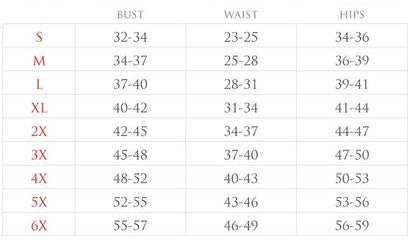 Lavender size chart table for bust, waist, and hips by corset size S–6X