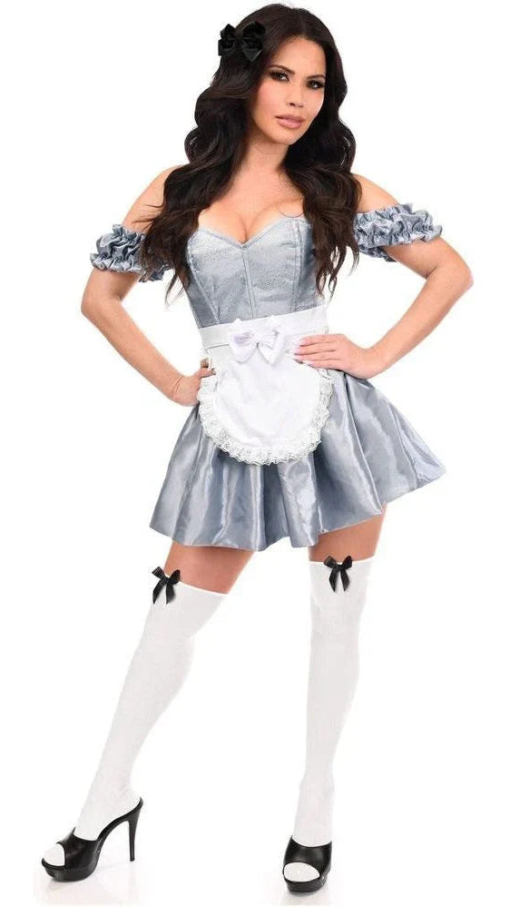 Woman modeling the Top Drawer 3 PC Wonderland Seeker Corset Dress Costume, featuring an off-shoulder steel-boned corset dress, lace-trimmed apron, thigh-high stockings, black bows, and peep-toe heels.